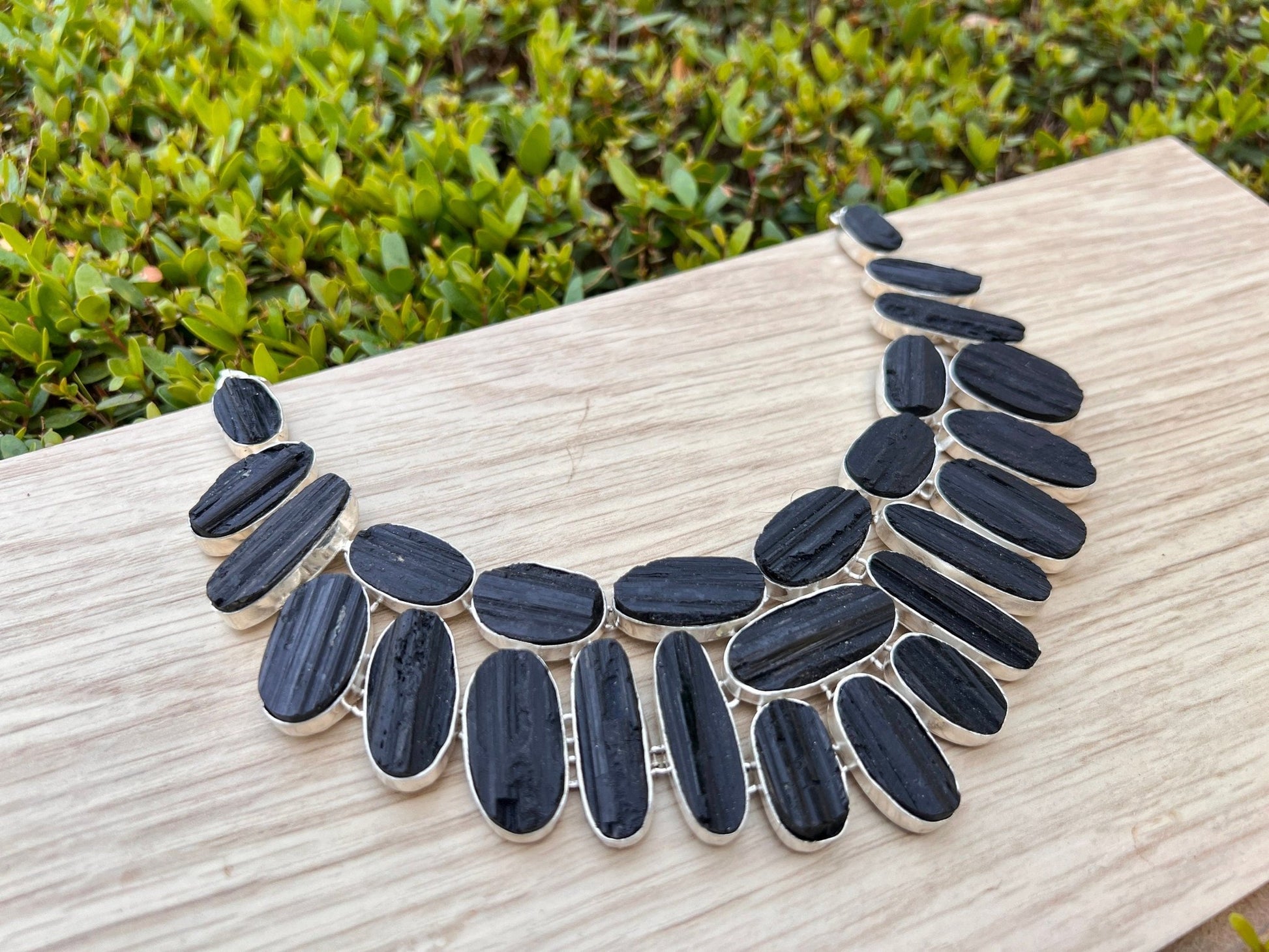 Raw Black Tourmaline Sterling Silver Statement Necklace, Multi Stone - LunarGem - 