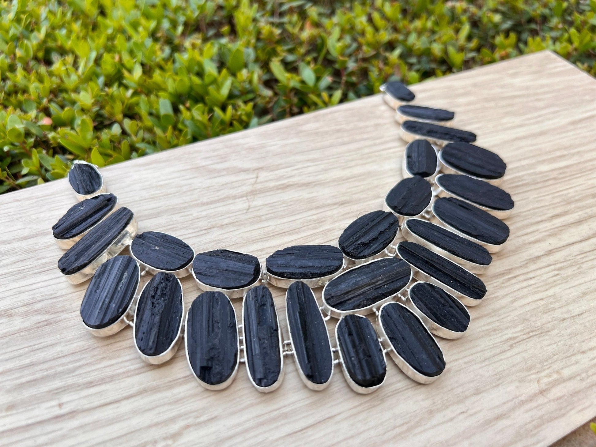 Raw Black Tourmaline Sterling Silver Statement Necklace, Multi Stone - LunarGem - 