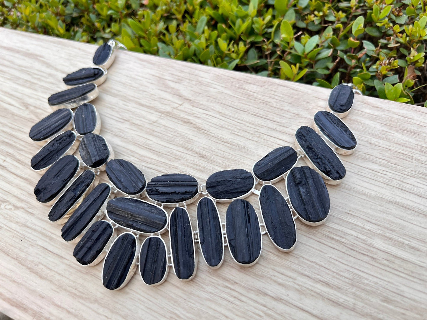 Raw Black Tourmaline Sterling Silver Statement Necklace, Multi Stone - LunarGem - 