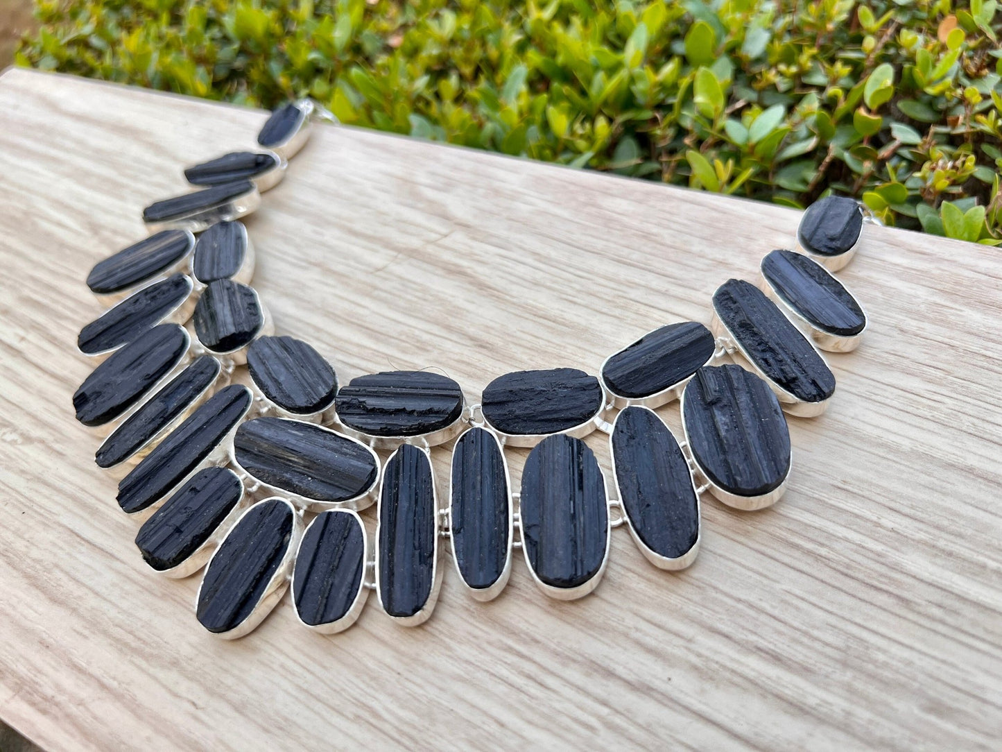 Raw Black Tourmaline Sterling Silver Statement Necklace, Multi Stone - LunarGem - 