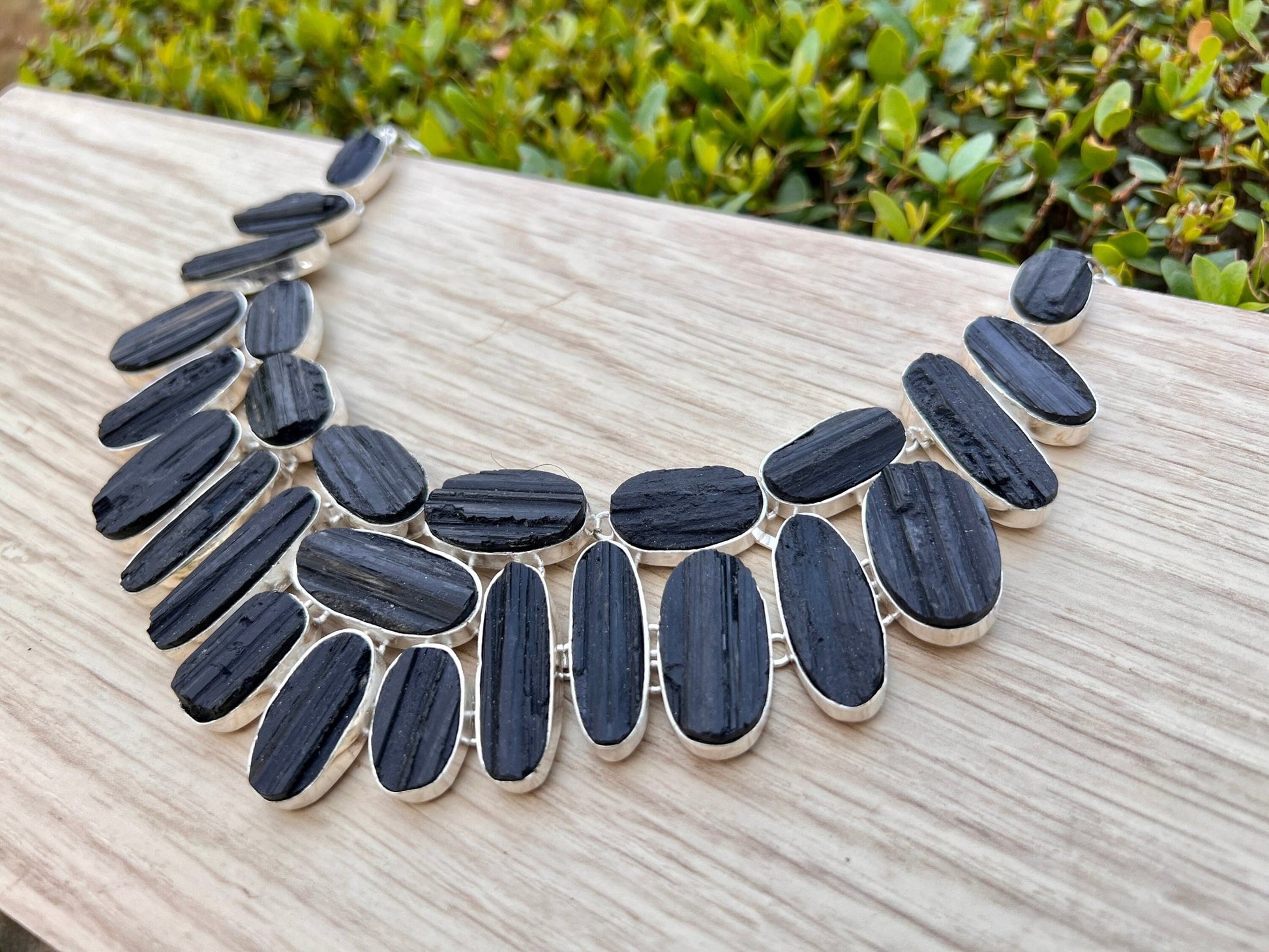 Raw Black Tourmaline Sterling Silver Statement Necklace, Multi Stone - LunarGem - 