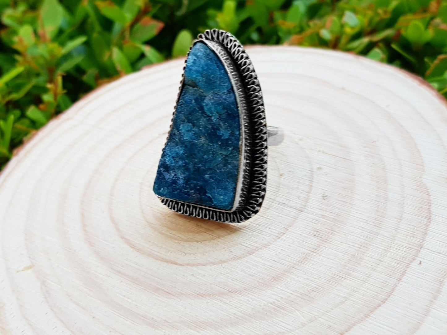 Raw Blue Apatite Sterling Silver Ring - Boho Gemstone Jewelry, US Size 7 1/4 - LunarGem - Rings