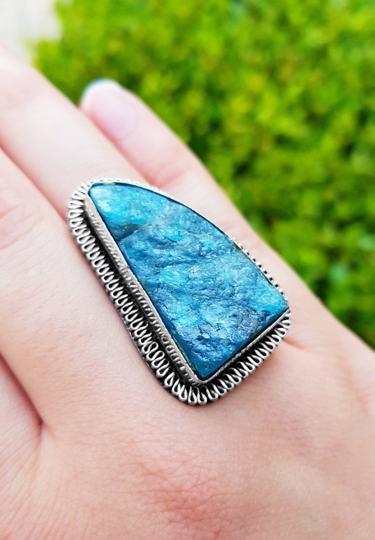 Raw Blue Apatite Sterling Silver Ring - Boho Gemstone Jewelry, US Size 7 1/4 - LunarGem - Rings