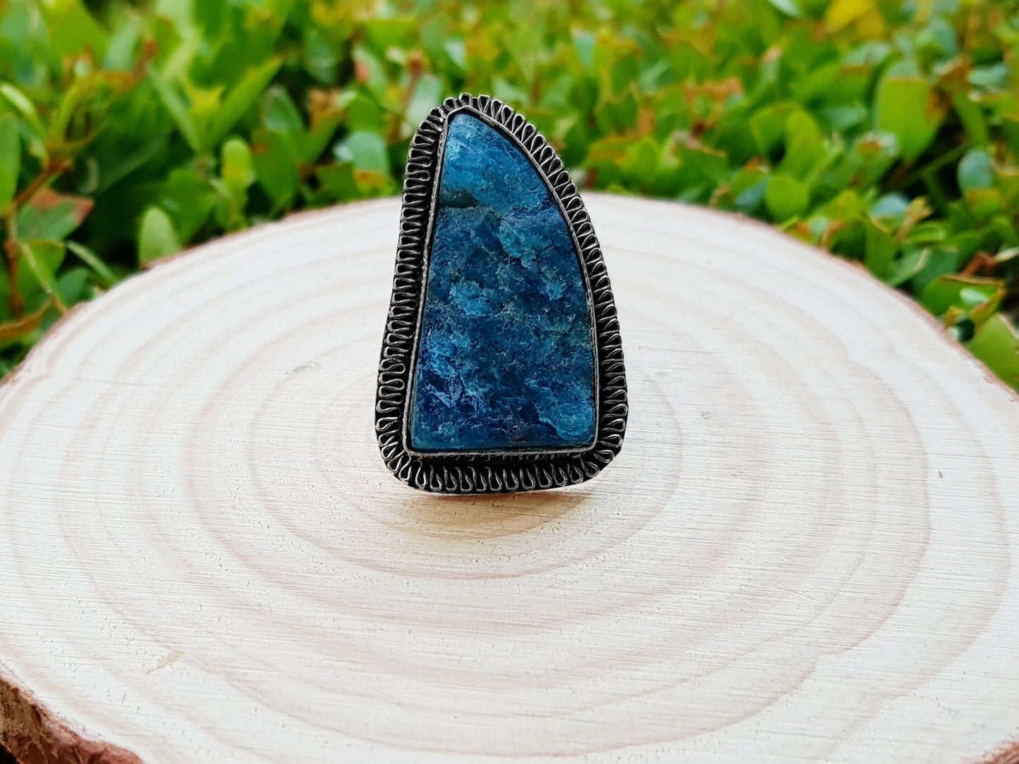 Raw Blue Apatite Sterling Silver Ring - Boho Gemstone Jewelry, US Size 7 1/4 - LunarGem - Rings