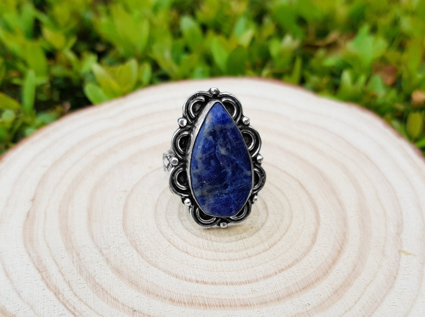 Raw Blue Sodalite Statement Ring: Sterling Silver Boho Jewelry, US 8.5 - LunarGem - Jewelry