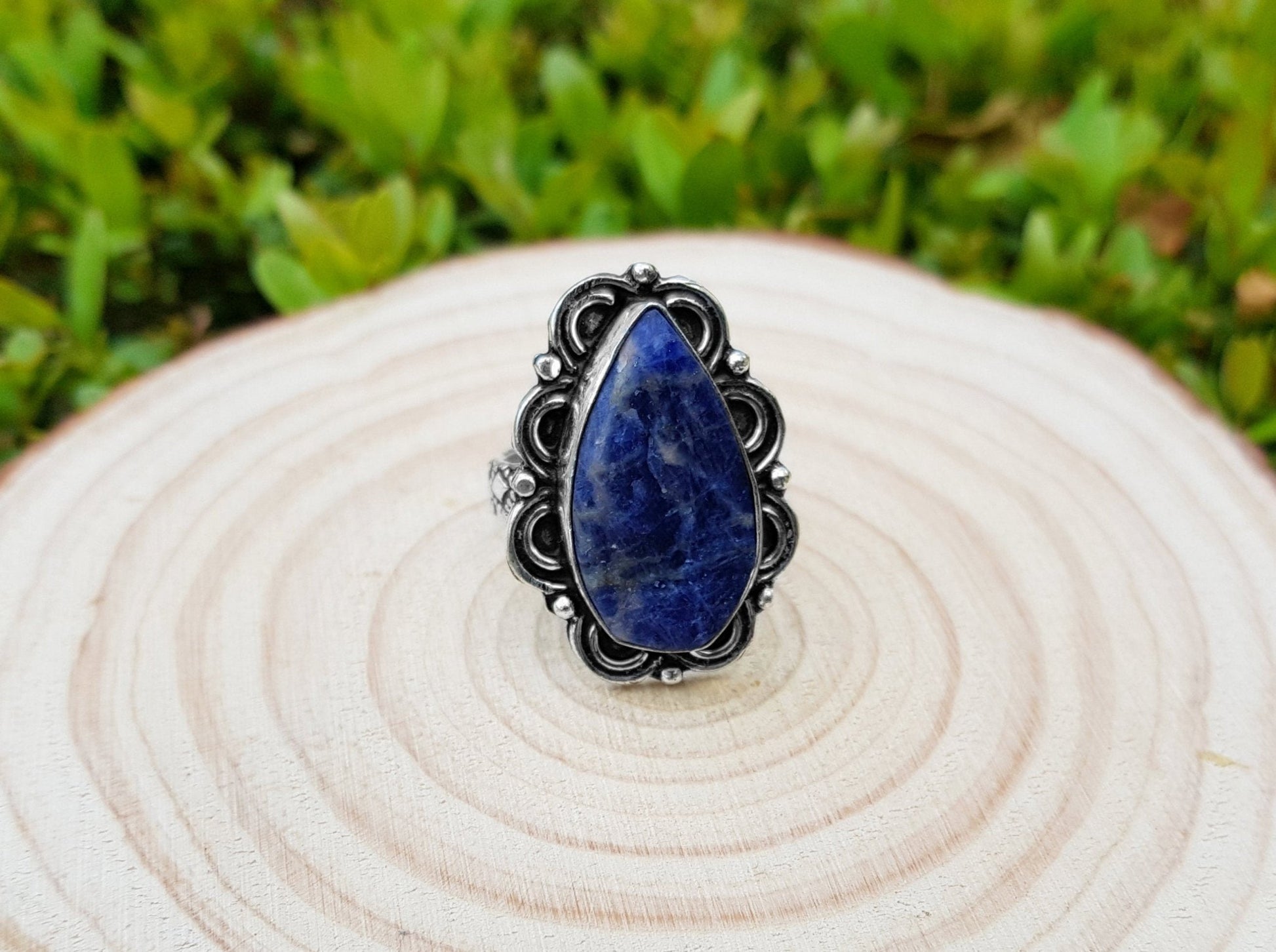 Raw Blue Sodalite Statement Ring: Sterling Silver Boho Jewelry, US 8.5 - LunarGem - Jewelry
