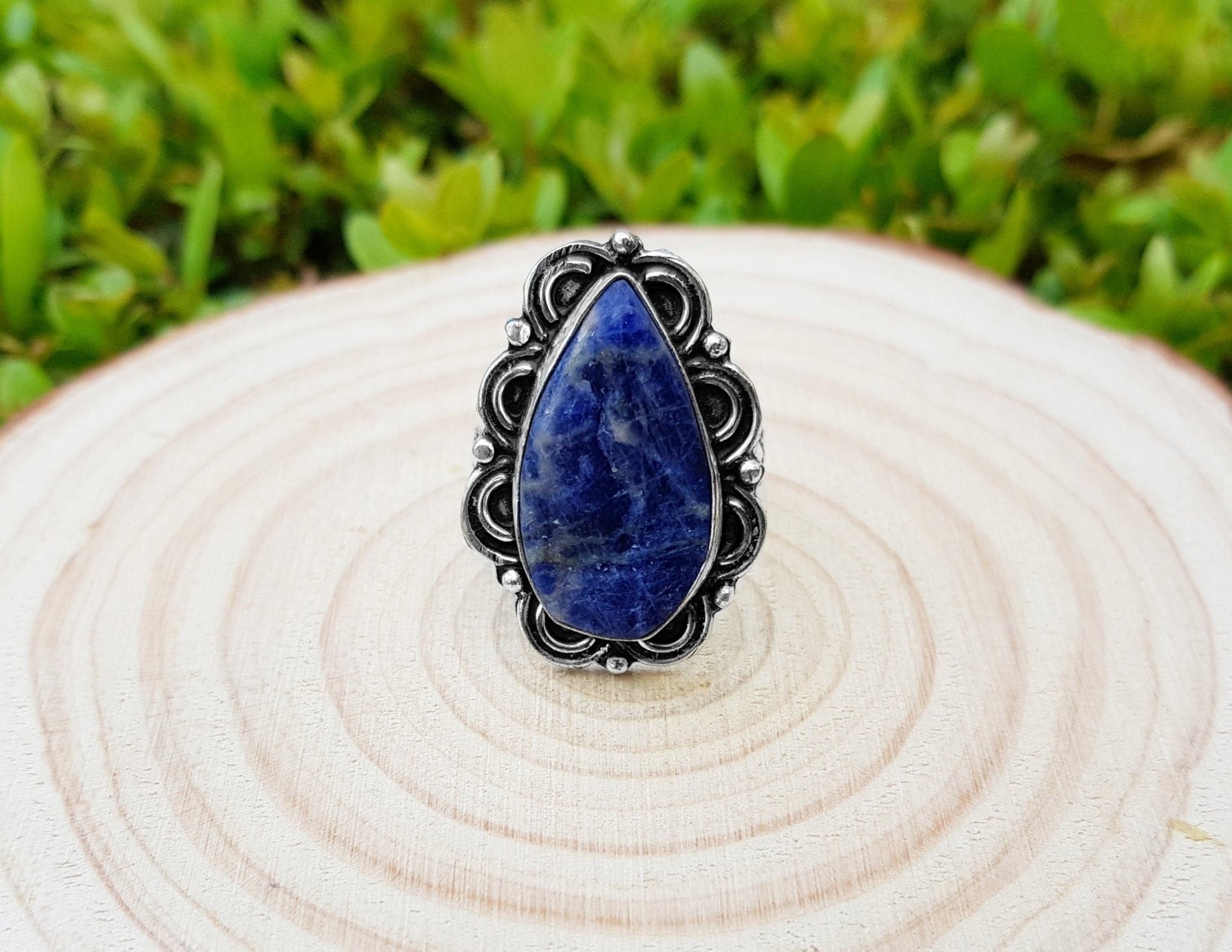 Raw Blue Sodalite Statement Ring: Sterling Silver Boho Jewelry, US 8.5 - LunarGem - Jewelry