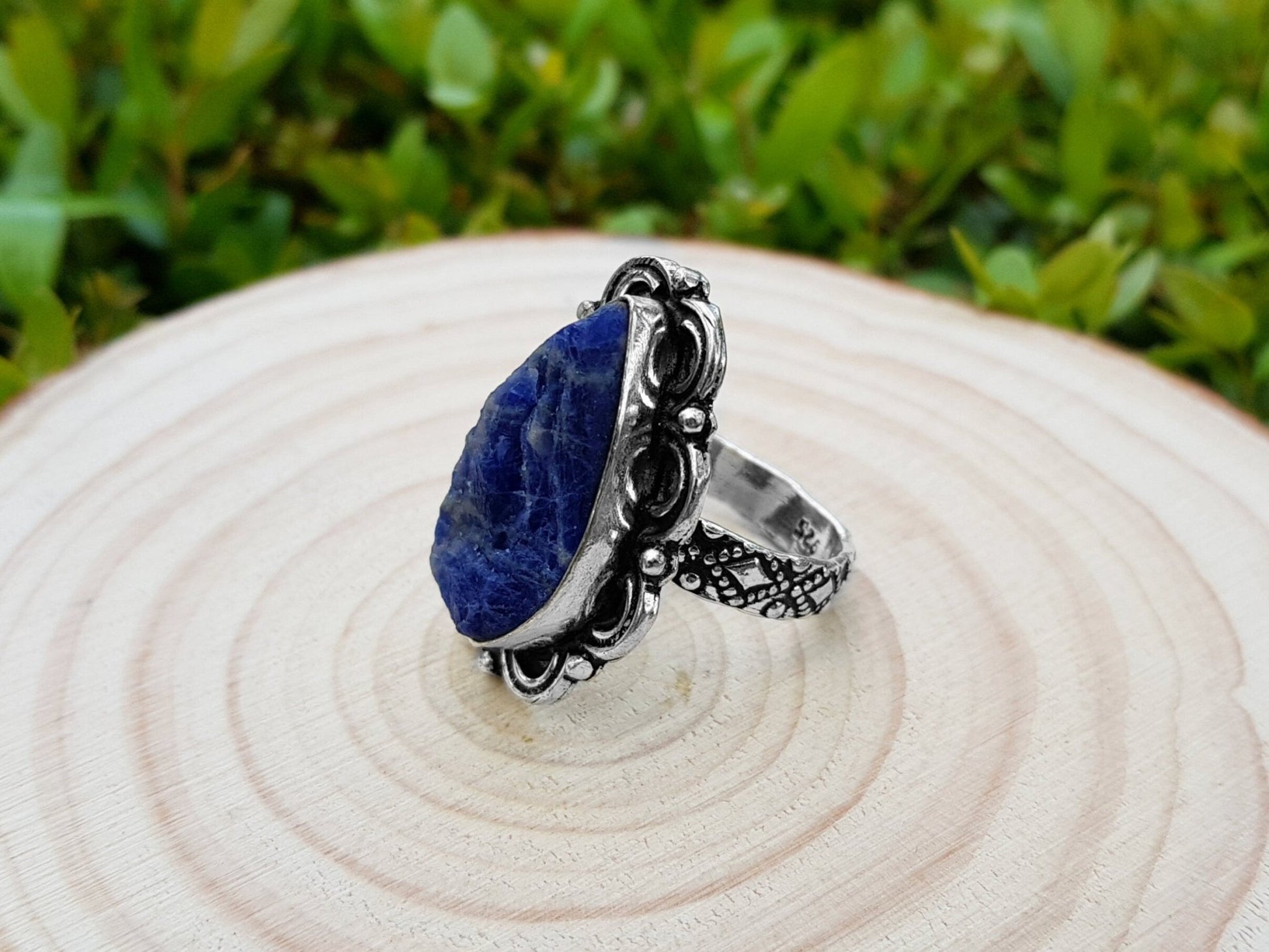 Raw Blue Sodalite Statement Ring: Sterling Silver Boho Jewelry, US 8.5 - LunarGem - Jewelry