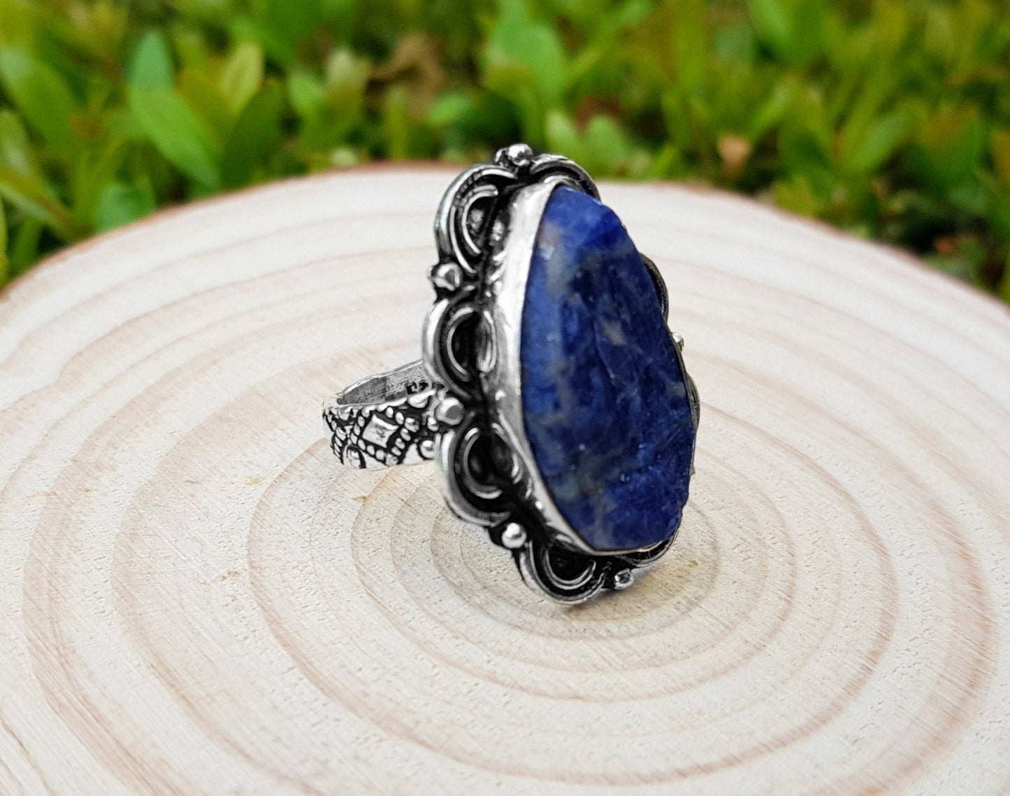 Raw Blue Sodalite Statement Ring: Sterling Silver Boho Jewelry, US 8.5 - LunarGem - Jewelry