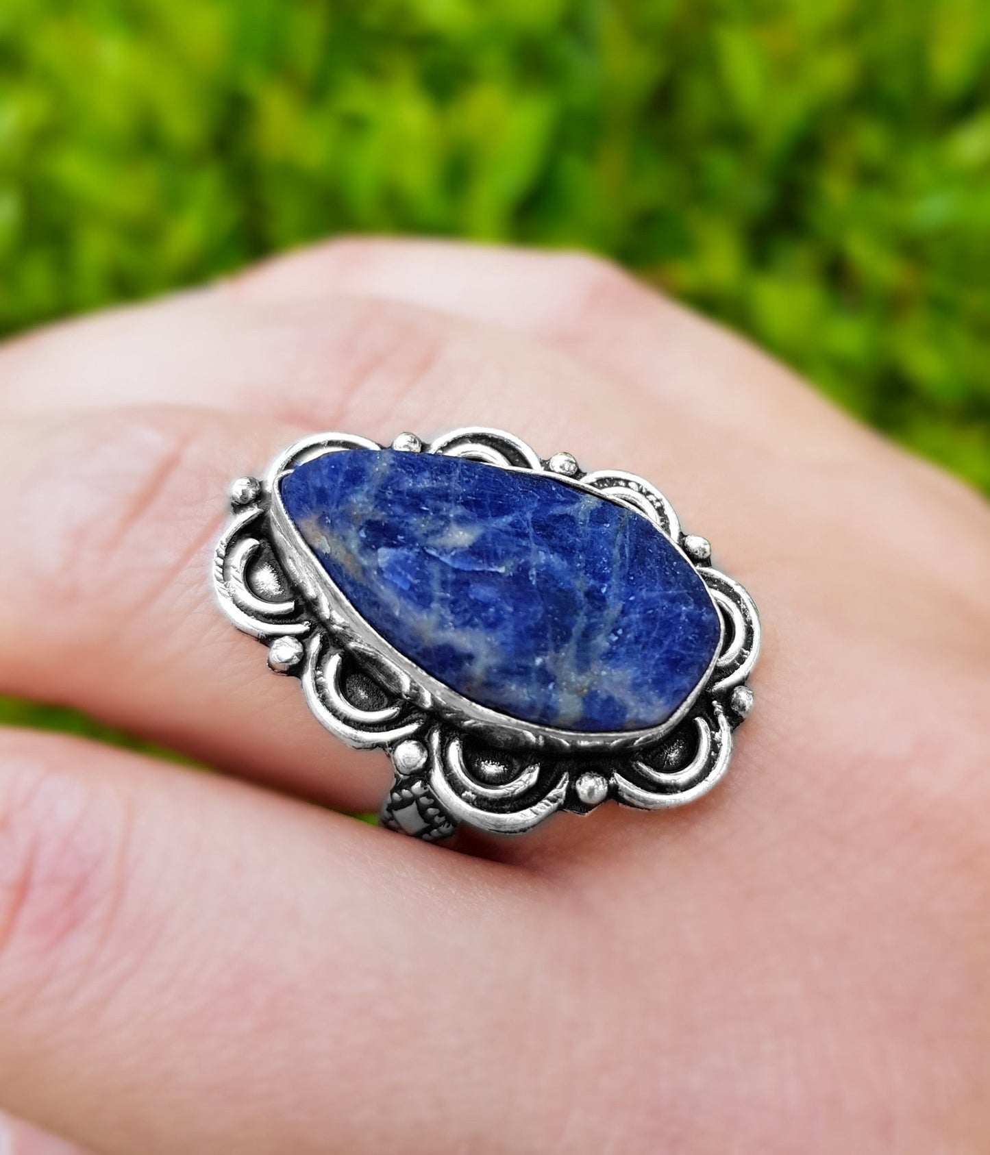 Raw Blue Sodalite Statement Ring: Sterling Silver Boho Jewelry, US 8.5 - LunarGem - Jewelry