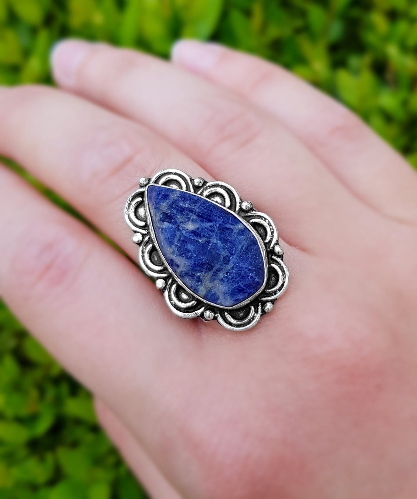 Raw Blue Sodalite Statement Ring: Sterling Silver Boho Jewelry, US 8.5 - LunarGem - Jewelry