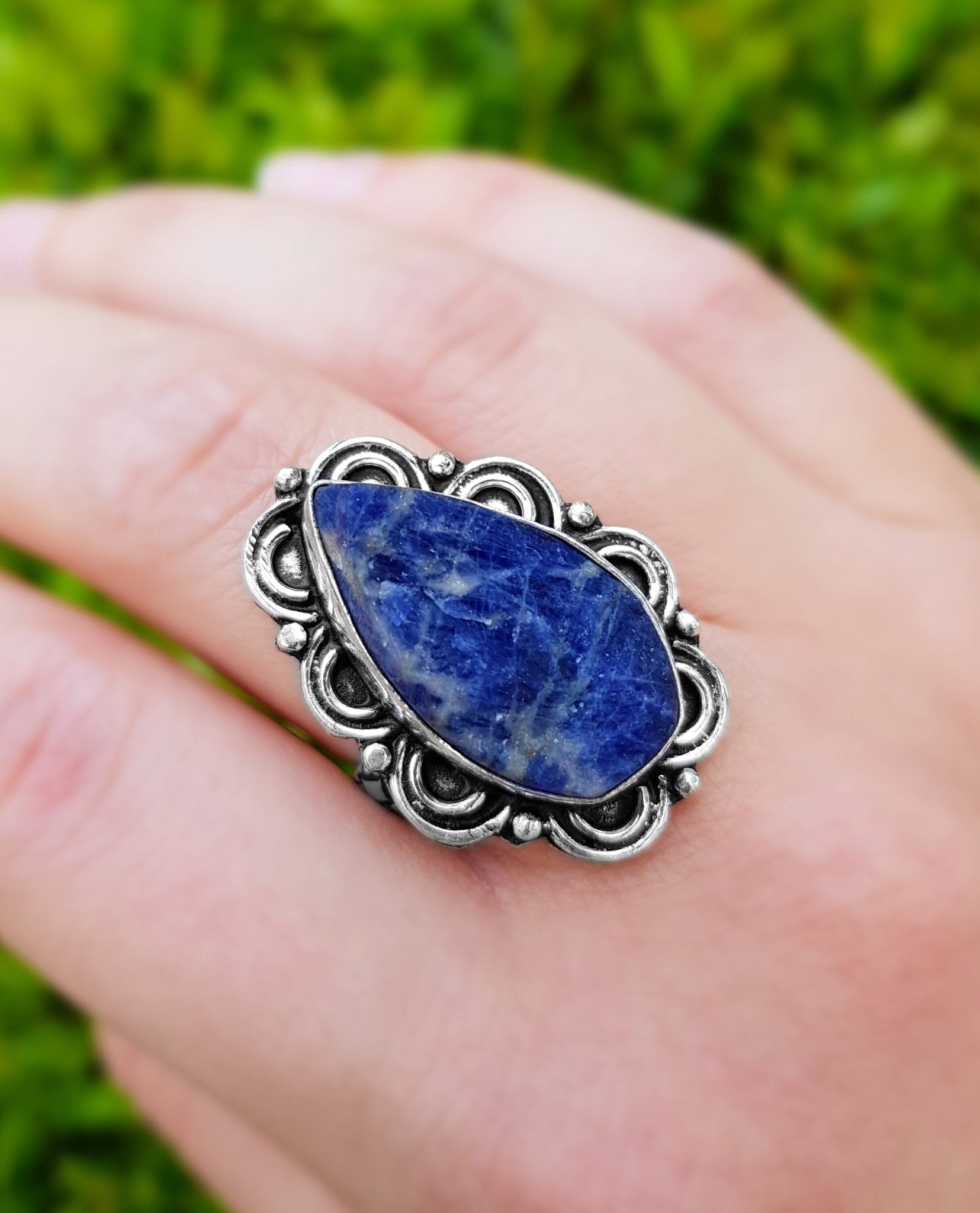 Raw Blue Sodalite Statement Ring: Sterling Silver Boho Jewelry, US 8.5 - LunarGem - Jewelry