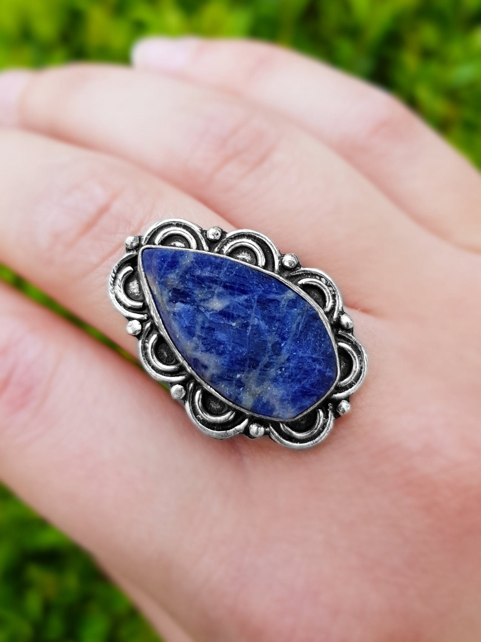 Raw Blue Sodalite Statement Ring: Sterling Silver Boho Jewelry, US 8.5 - LunarGem - Jewelry