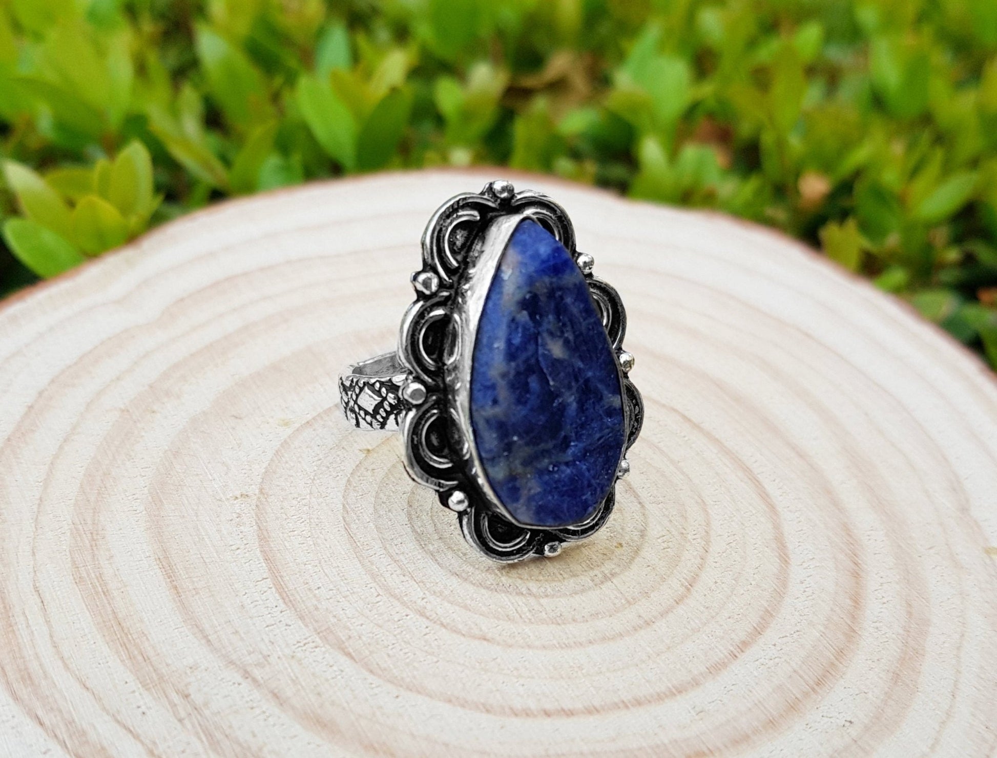 Raw Blue Sodalite Statement Ring: Sterling Silver Boho Jewelry, US 8.5 - LunarGem - Jewelry