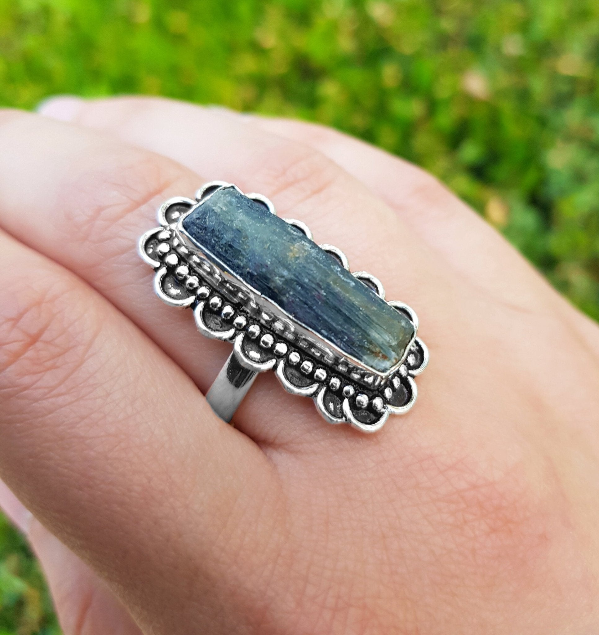 Raw Kyanite Statement Ring: Recycled Sterling Silver Boho Jewelry, US Size 9 1/4 - LunarGem - 