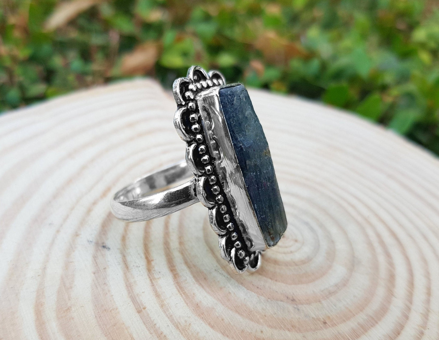 Raw Kyanite Statement Ring: Recycled Sterling Silver Boho Jewelry, US Size 9 1/4 - LunarGem - 