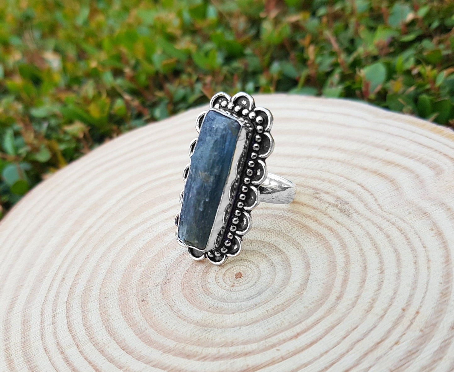 Raw Kyanite Statement Ring: Recycled Sterling Silver Boho Jewelry, US Size 9 1/4 - LunarGem - 