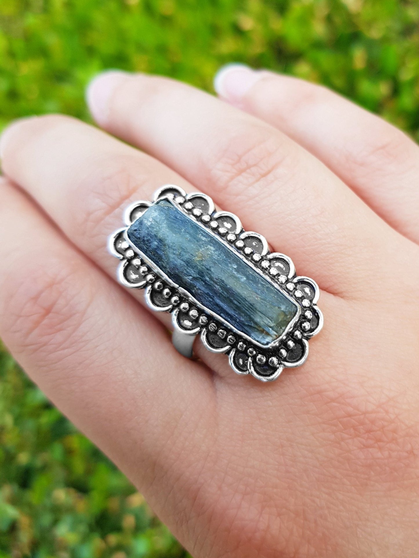Raw Kyanite Statement Ring: Recycled Sterling Silver Boho Jewelry, US Size 9 1/4 - LunarGem - 