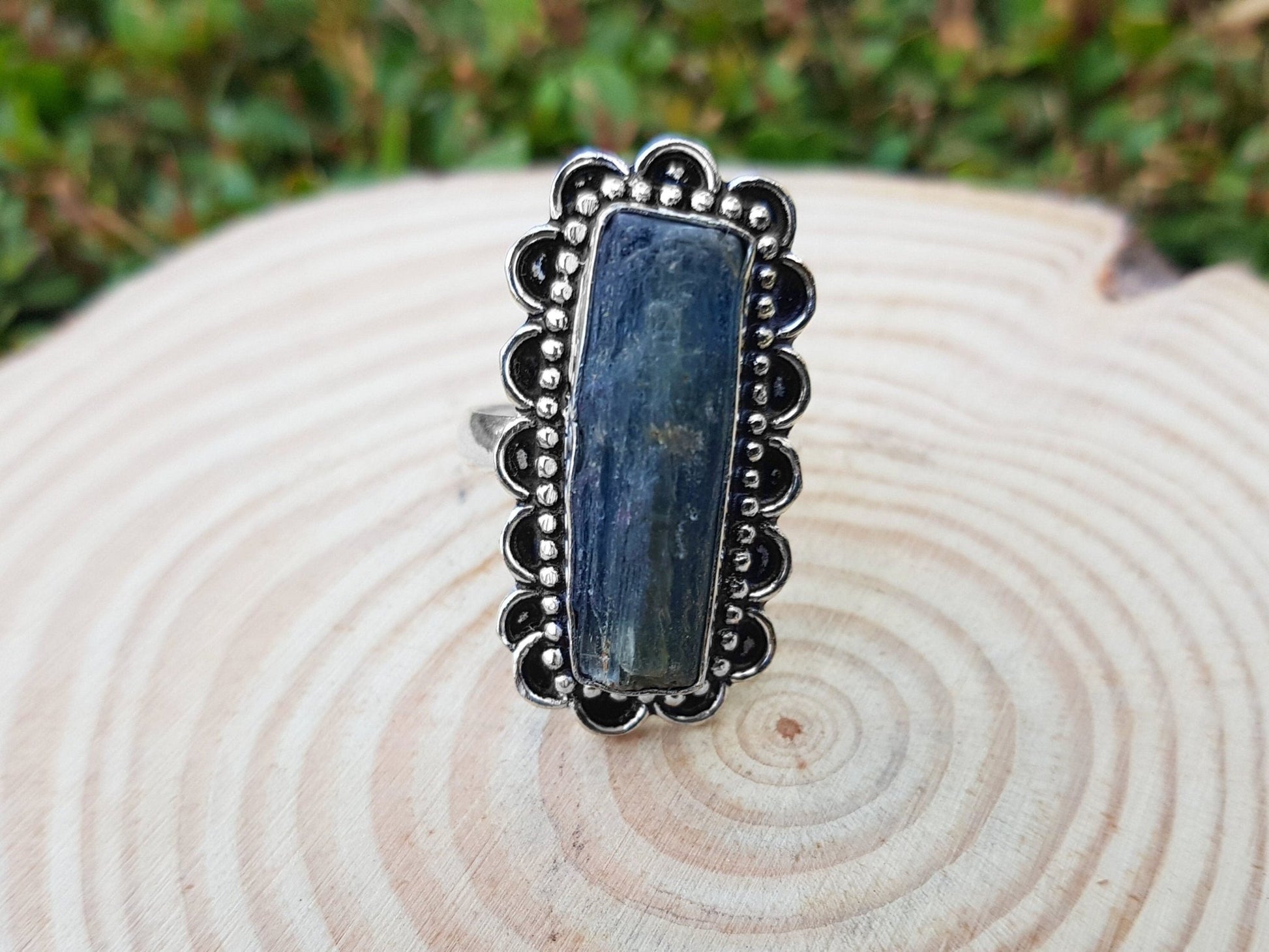Raw Kyanite Statement Ring: Recycled Sterling Silver Boho Jewelry, US Size 9 1/4 - LunarGem - 