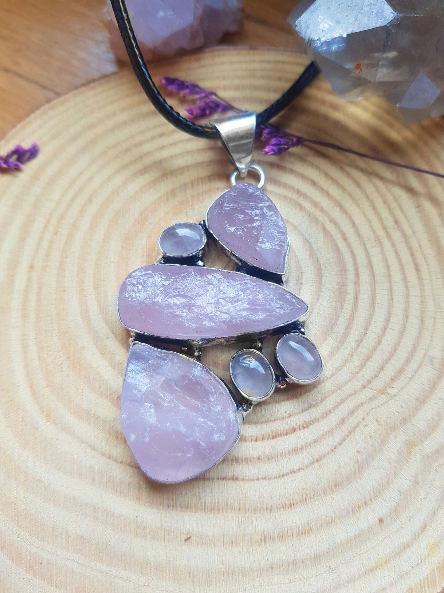Raw Rose Quartz Statement Necklace Sterling Silver Gemstone Jewellery - LunarGem - 