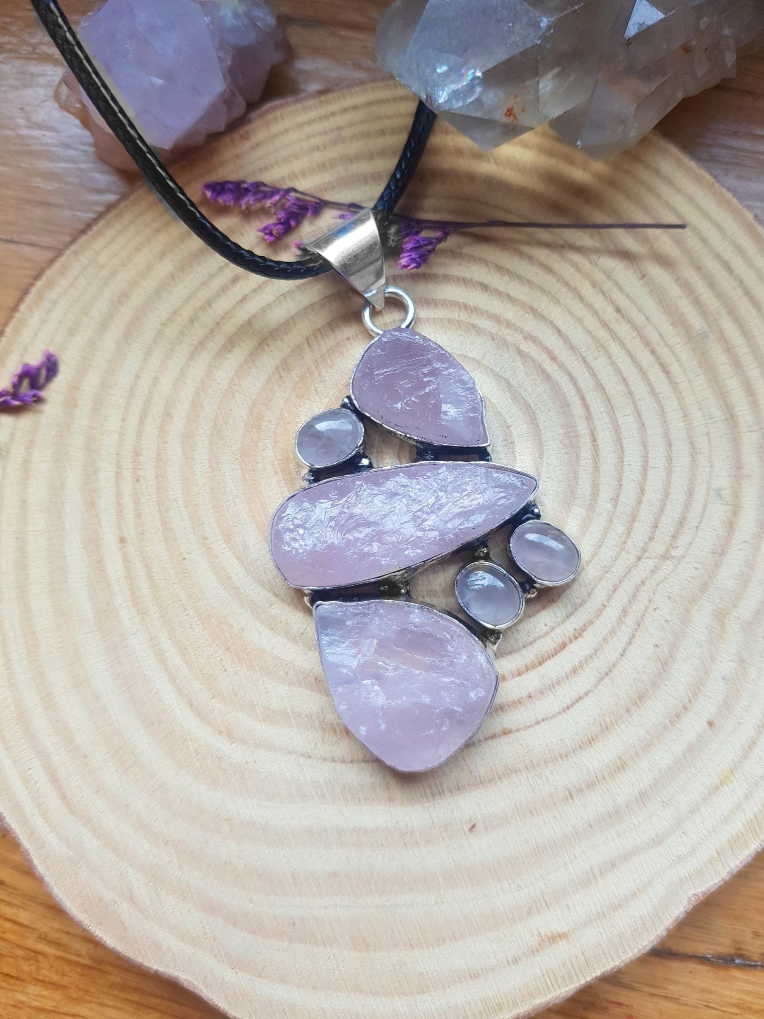 Raw Rose Quartz Statement Necklace Sterling Silver Gemstone Jewellery - LunarGem - 