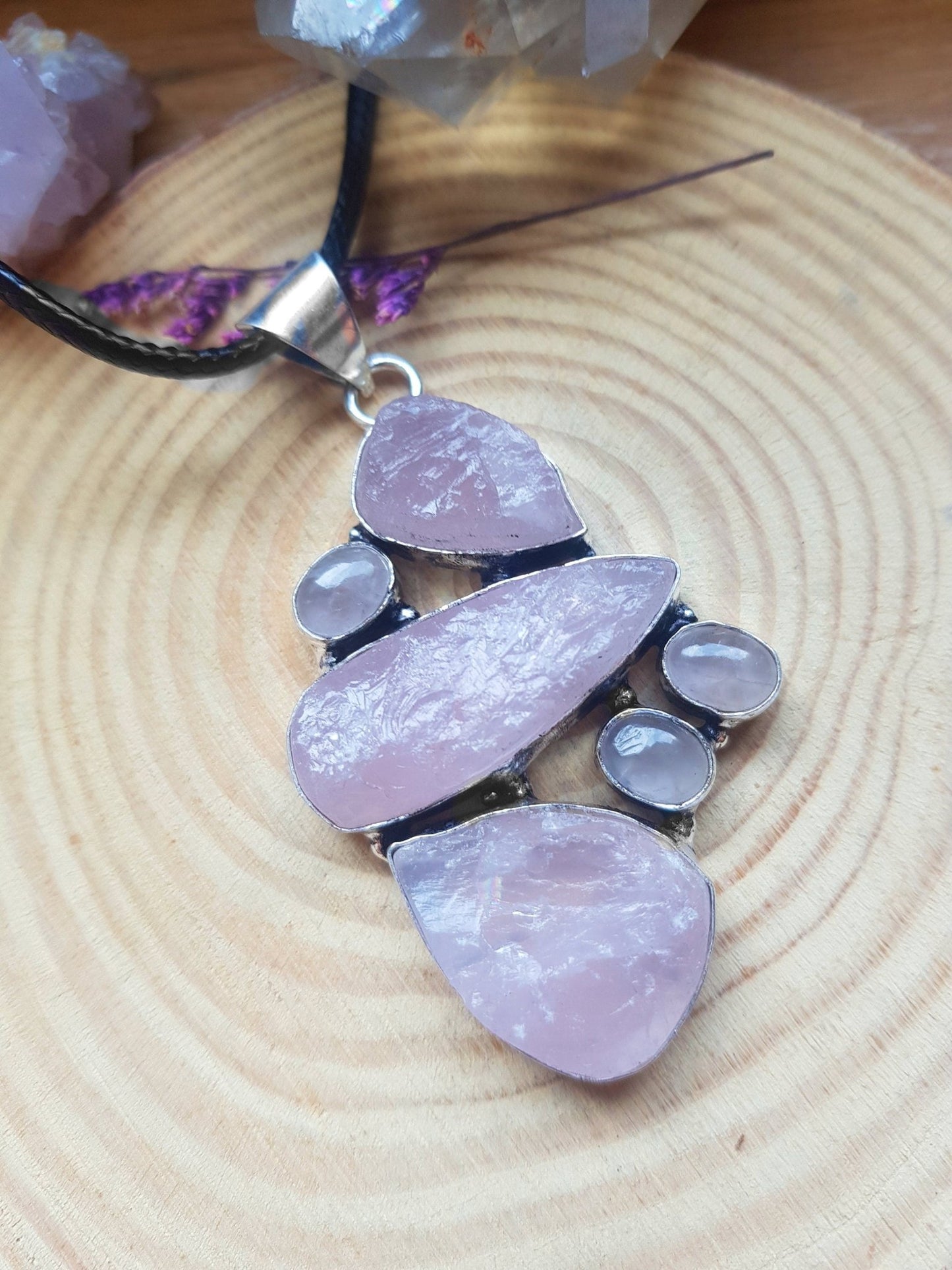 Raw Rose Quartz Statement Necklace Sterling Silver Gemstone Jewellery - LunarGem - 
