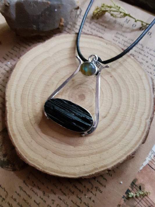 Raw Tourmaline Sterling Silver Necklace: Boho Labradorite Pendant - LunarGem - 