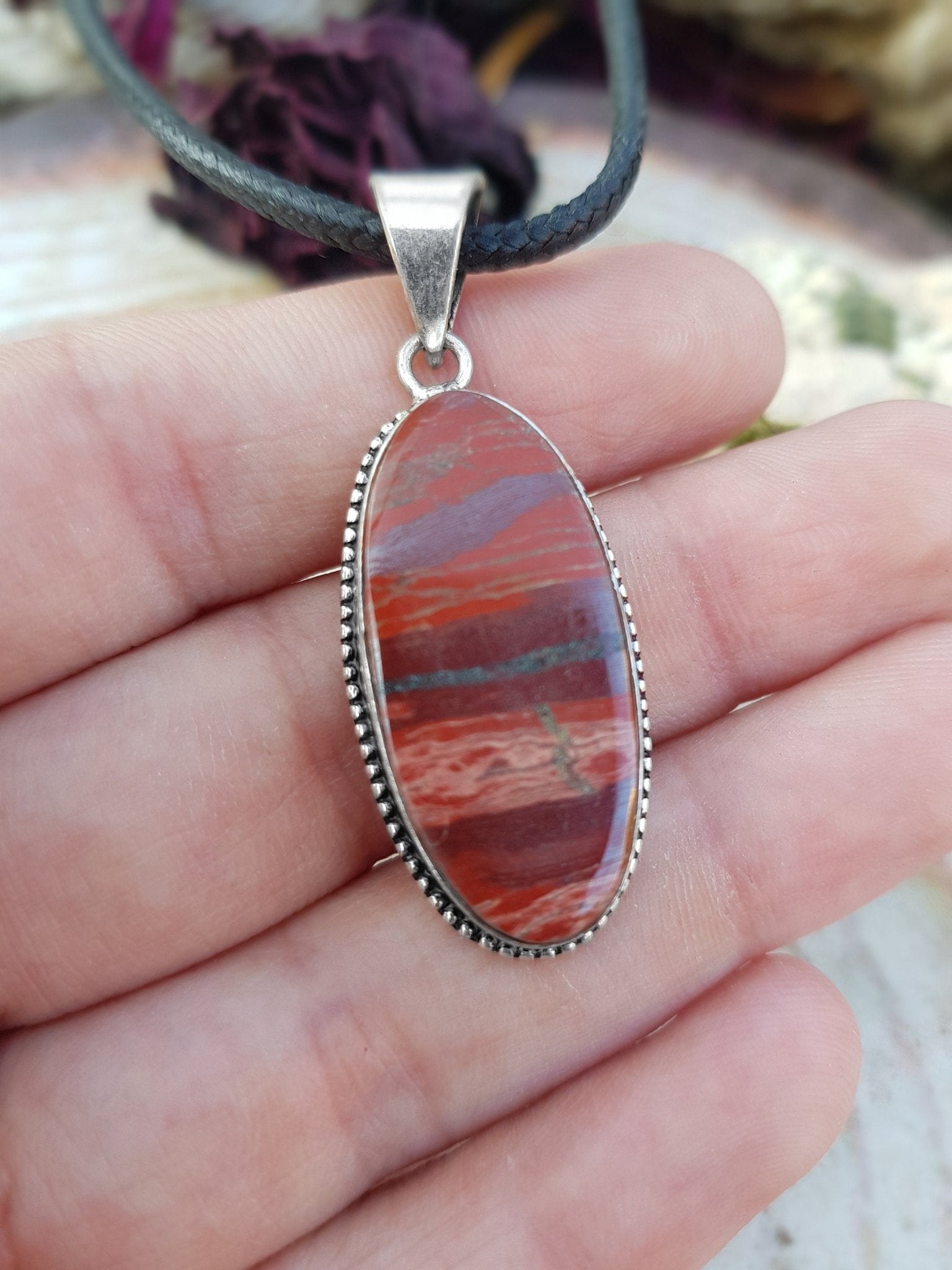 Red Poppy Jasper Statement Pendant Sterling Silver Gemstone Necklace Boho Pendant Unique Jewelry - LunarGem - 