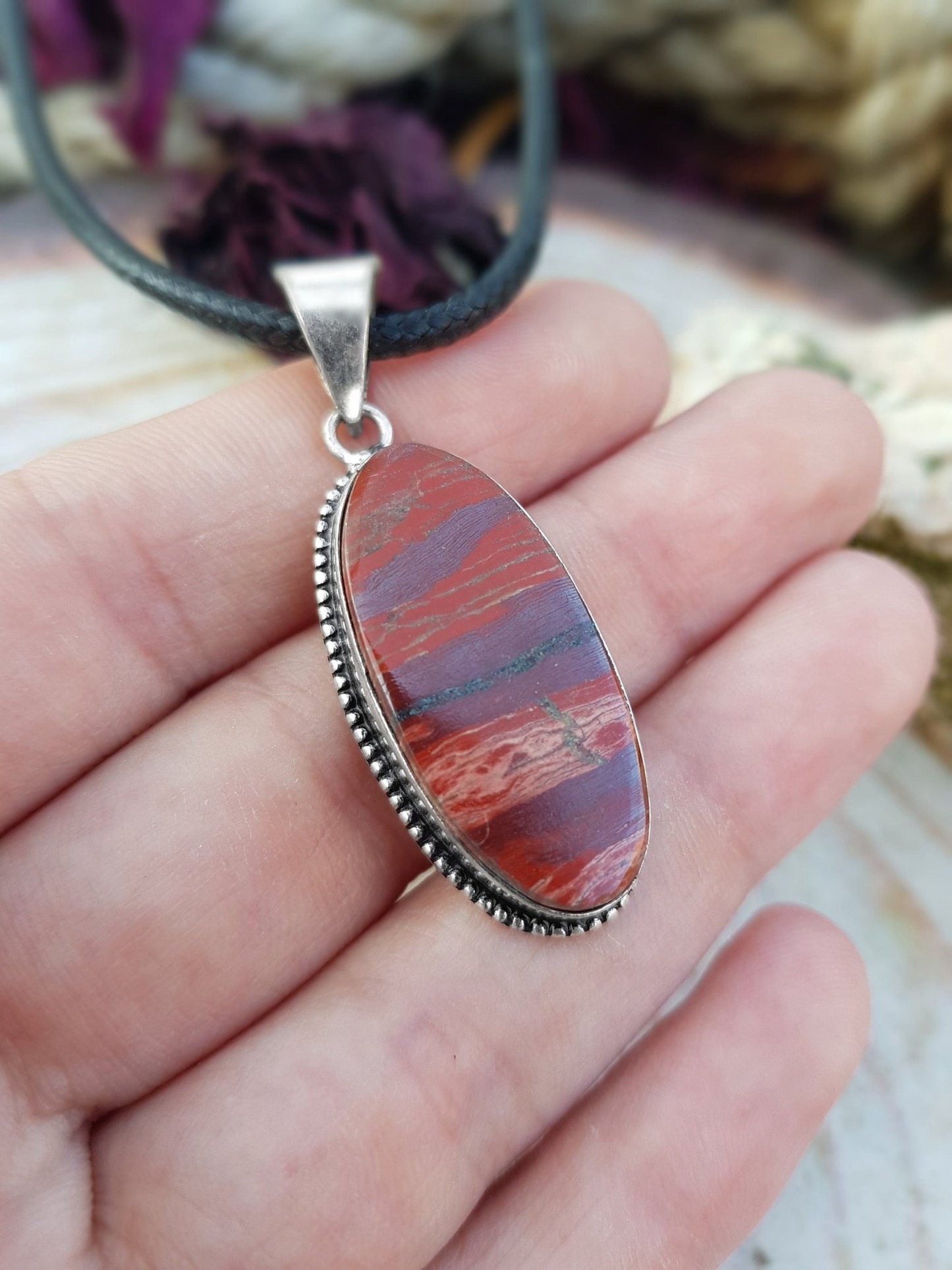 Red Poppy Jasper Statement Pendant Sterling Silver Gemstone Necklace Boho Pendant Unique Jewelry - LunarGem - 