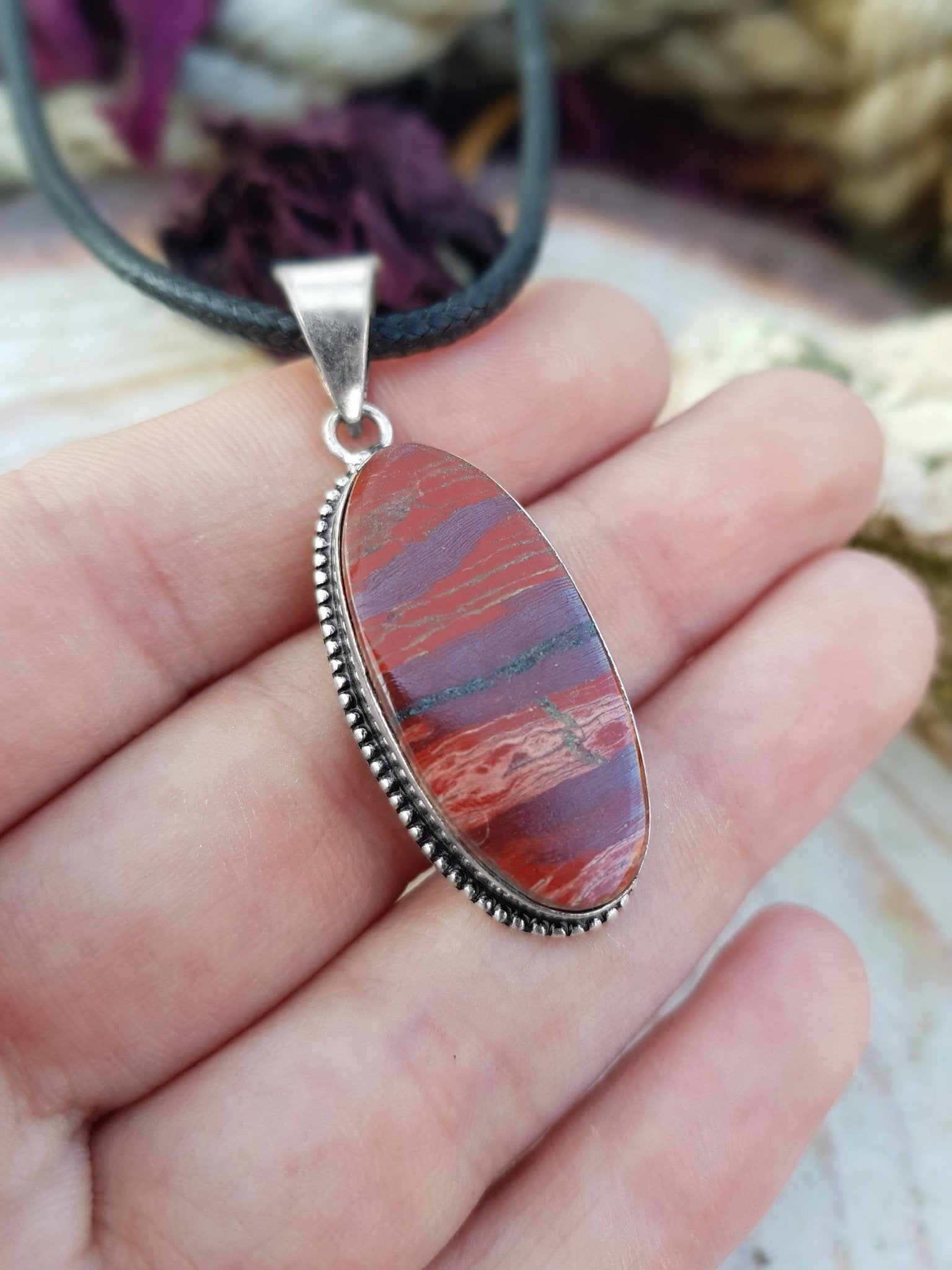 Red Poppy Jasper Statement Pendant Sterling Silver Gemstone Necklace Boho Pendant Unique Jewelry - LunarGem - 