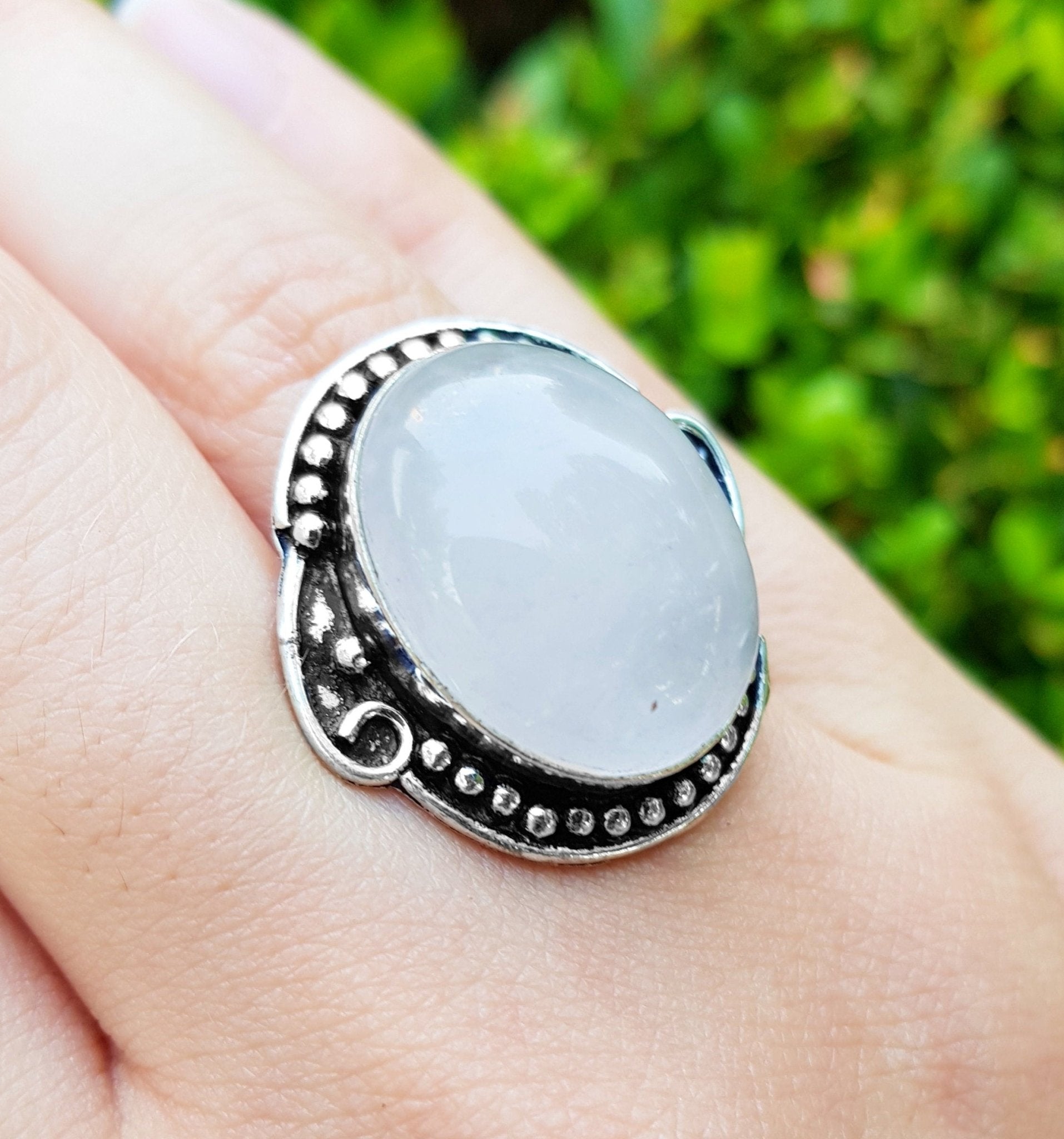 Rose Quartz Sterling Silver Ring - US Size 7 Boho Statement Ring - LunarGem - Rings