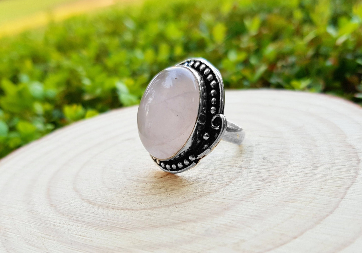 Rose Quartz Sterling Silver Ring - US Size 7 Boho Statement Ring - LunarGem - Rings