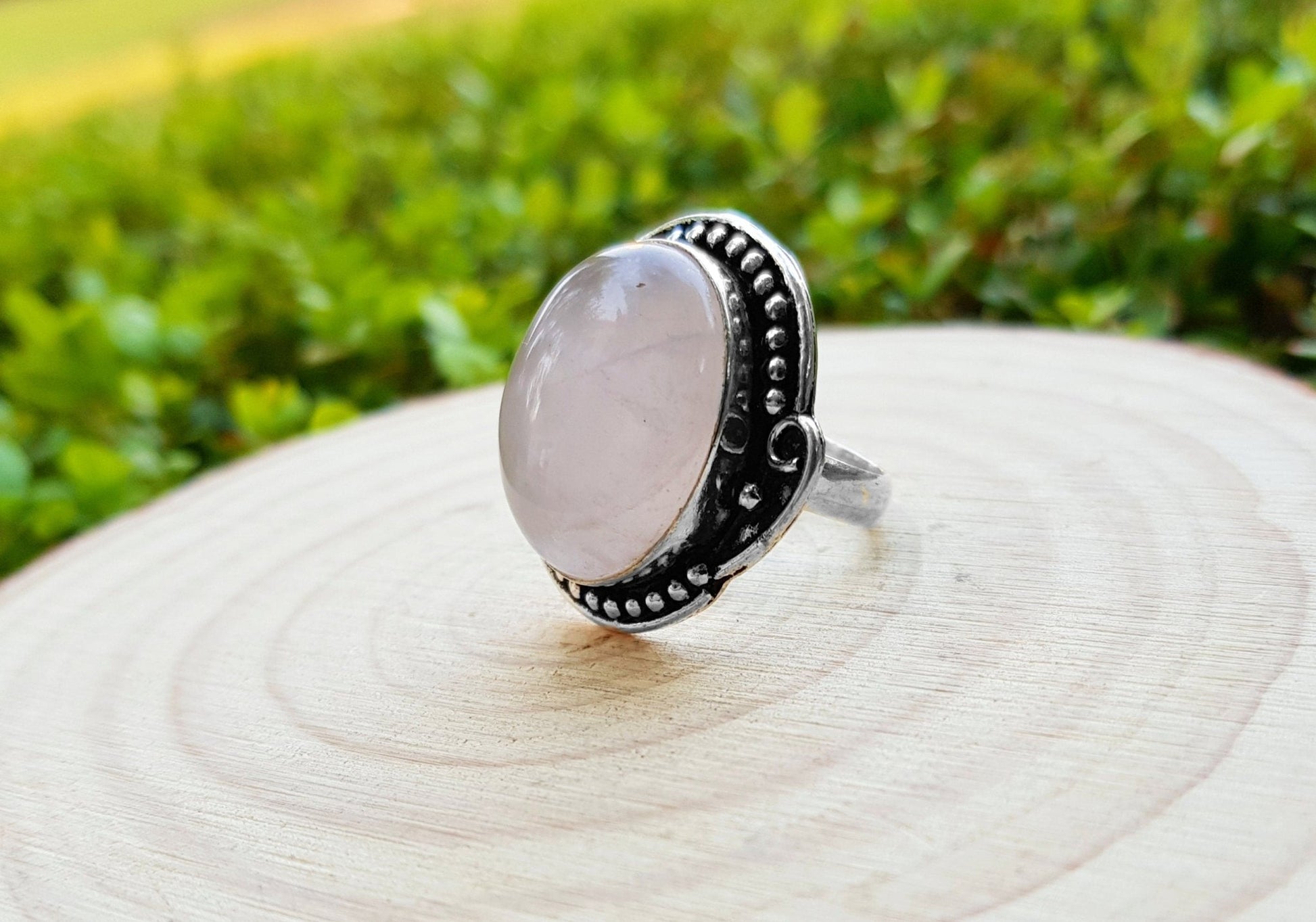 Rose Quartz Sterling Silver Ring - US Size 7 Boho Statement Ring - LunarGem - Rings