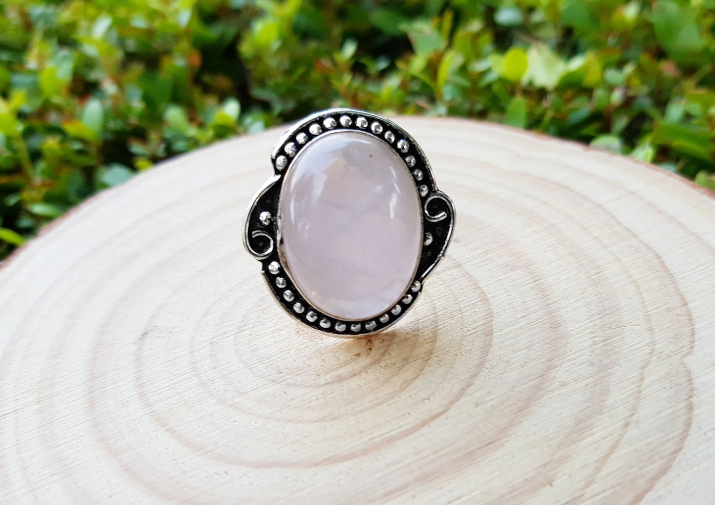 Rose Quartz Sterling Silver Ring - US Size 7 Boho Statement Ring - LunarGem - Rings