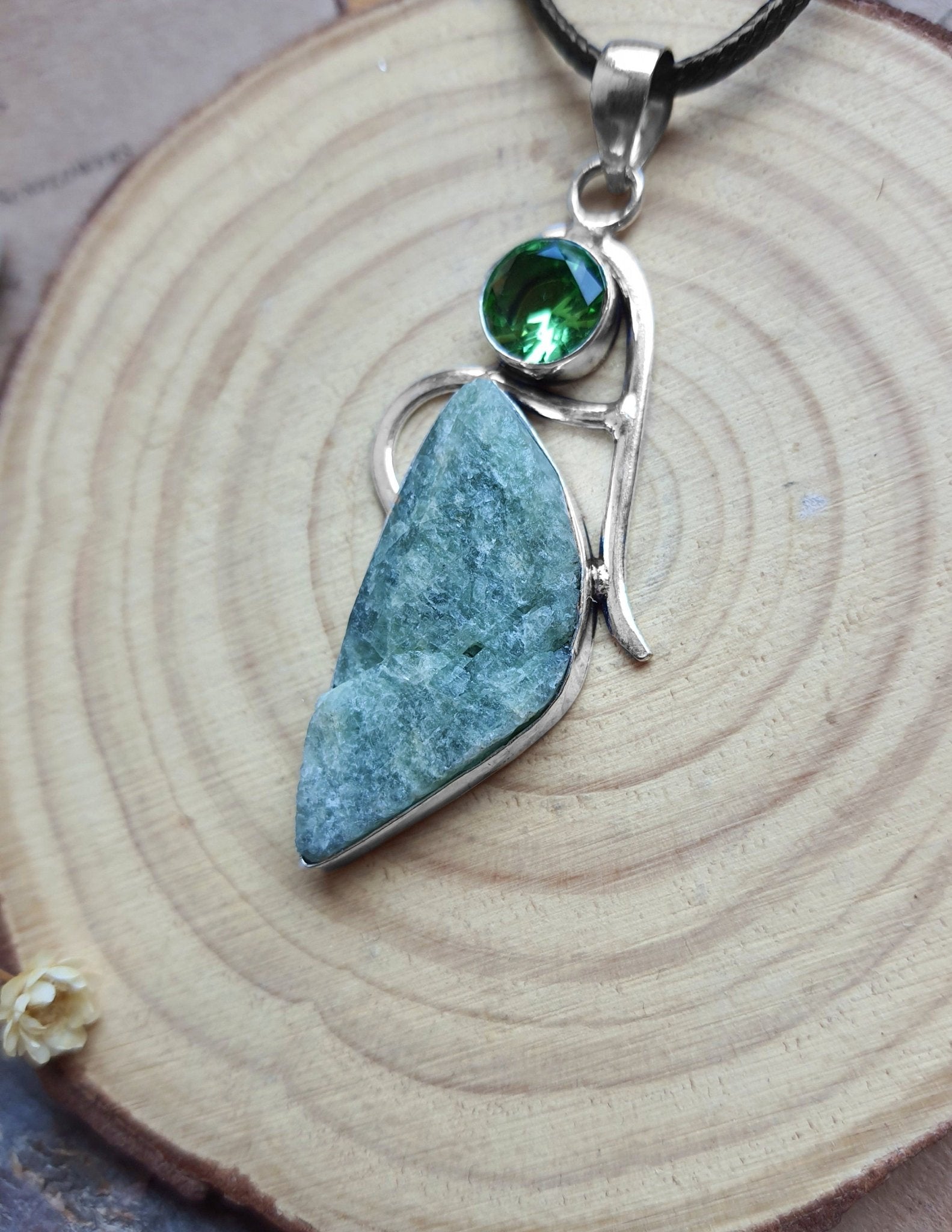 Rough Seraphinite And Glass Bead Pendant In Sterling Silver Statement Pendant One Of A Kind - LunarGem - 