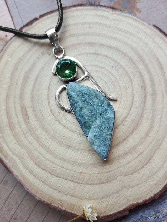 Rough Seraphinite And Glass Bead Pendant In Sterling Silver Statement Pendant One Of A Kind - LunarGem - 