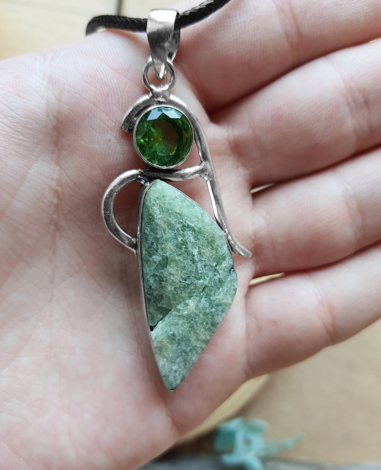 Rough Seraphinite And Glass Bead Pendant In Sterling Silver Statement Pendant One Of A Kind - LunarGem - 