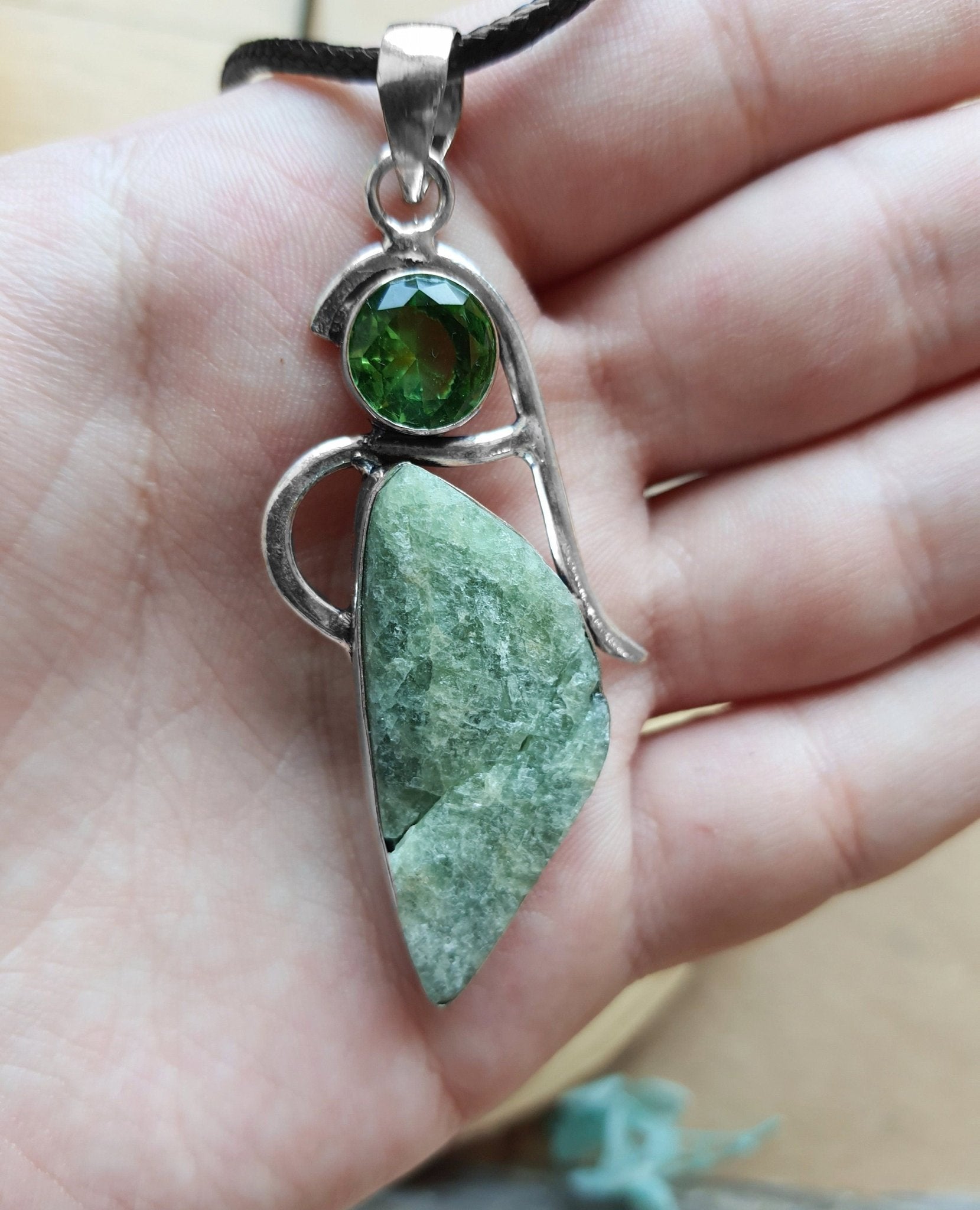 Rough Seraphinite And Glass Bead Pendant In Sterling Silver Statement Pendant One Of A Kind - LunarGem - 