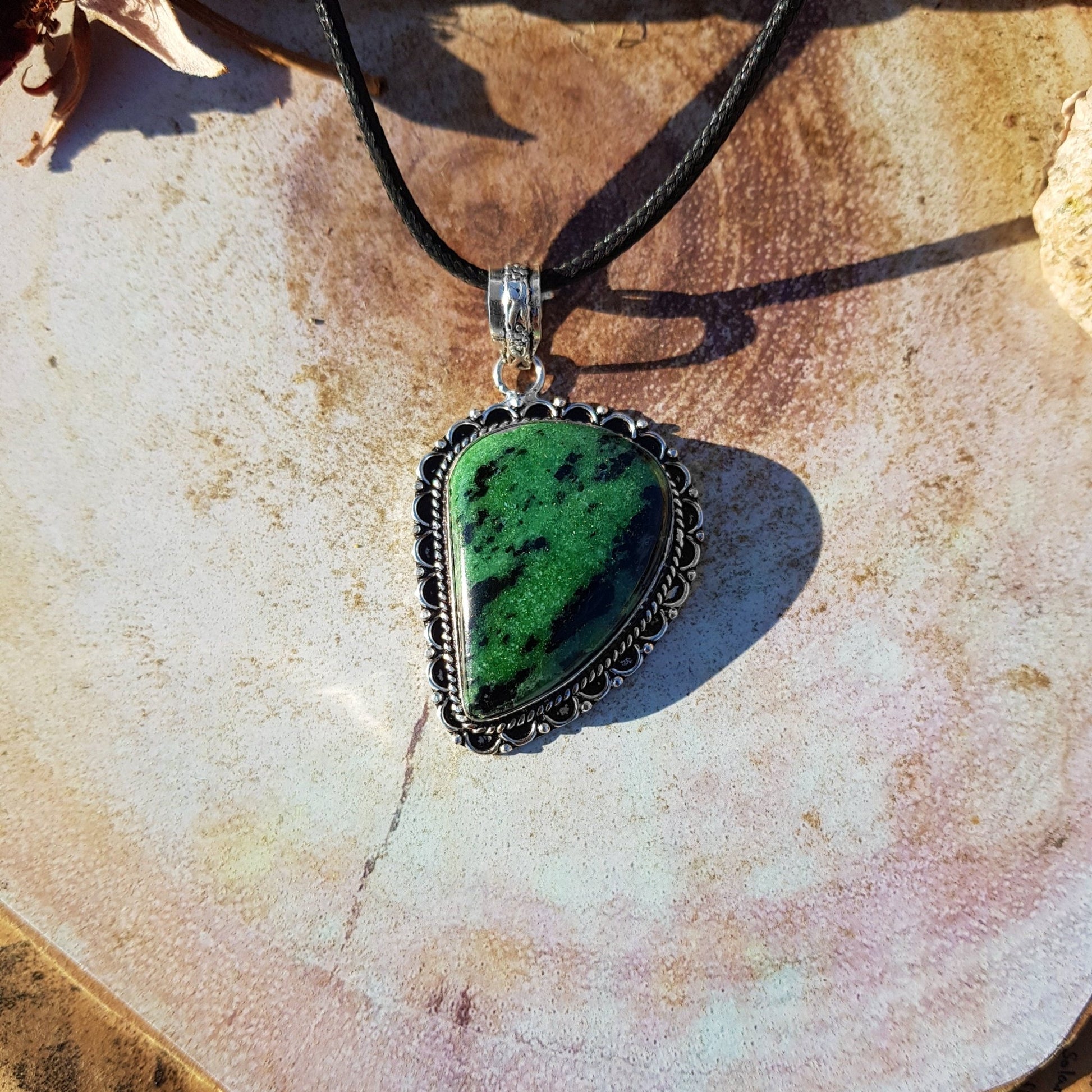 Ruby Zoisite Sterling Silver Pendant: Teardrop Boho Necklace - LunarGem - 