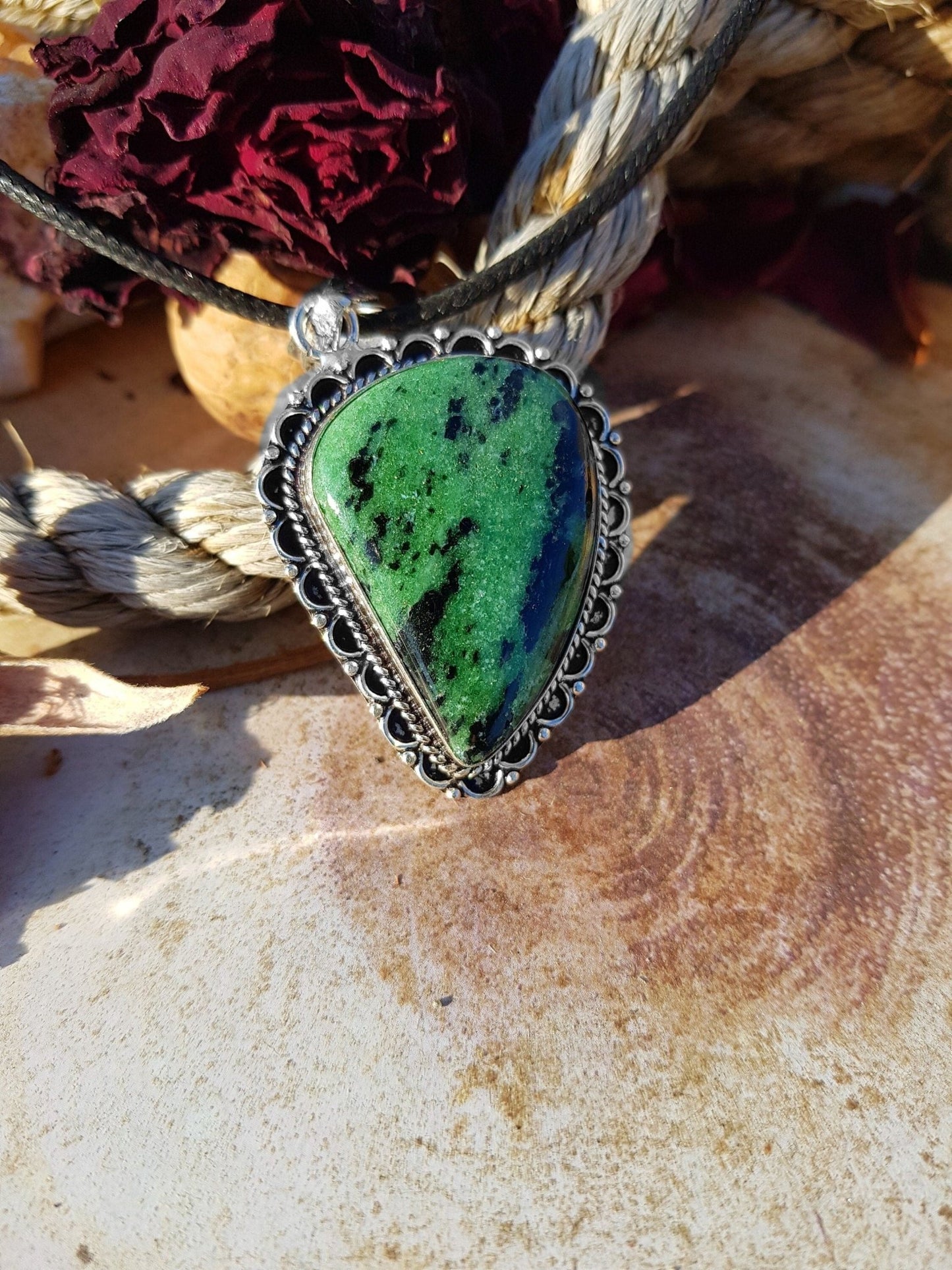 Ruby Zoisite Sterling Silver Pendant: Teardrop Boho Necklace - LunarGem - 