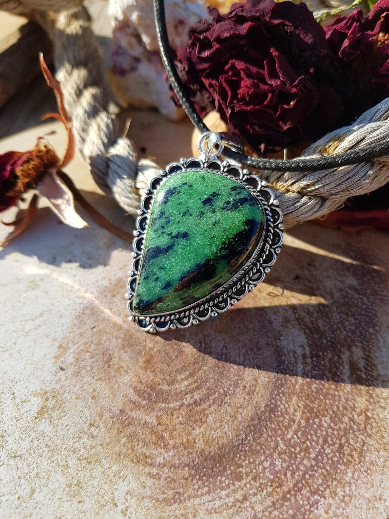 Ruby Zoisite Sterling Silver Pendant: Teardrop Boho Necklace - LunarGem - 