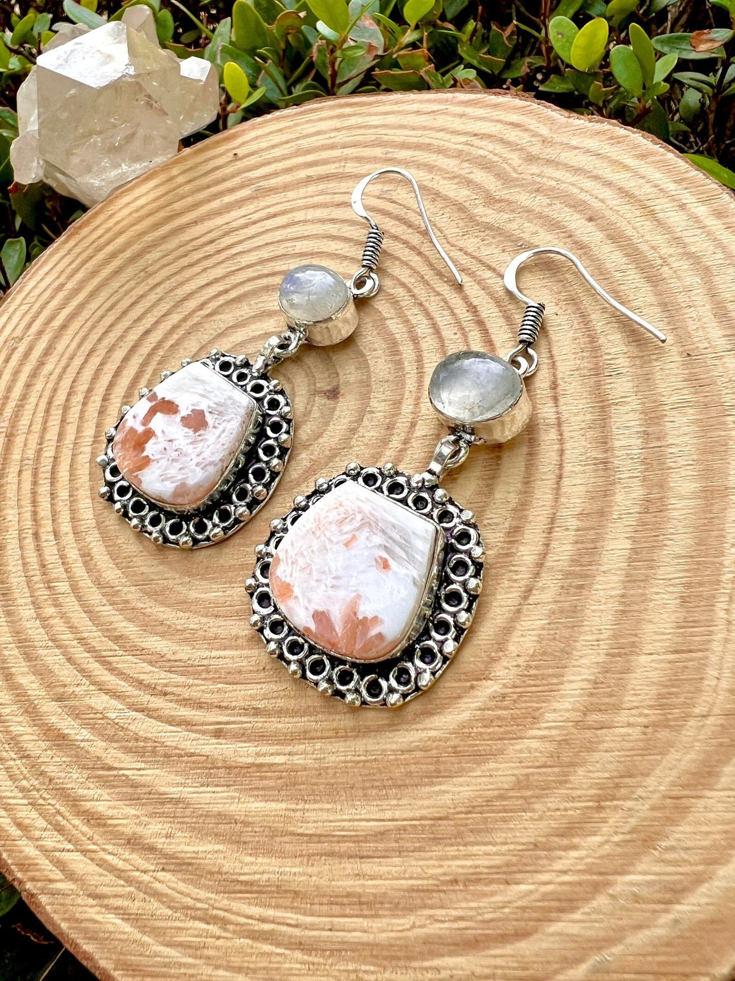 Scolecite Moonstone Dangle Earrings, Recycled Sterling Silver - LunarGem - 