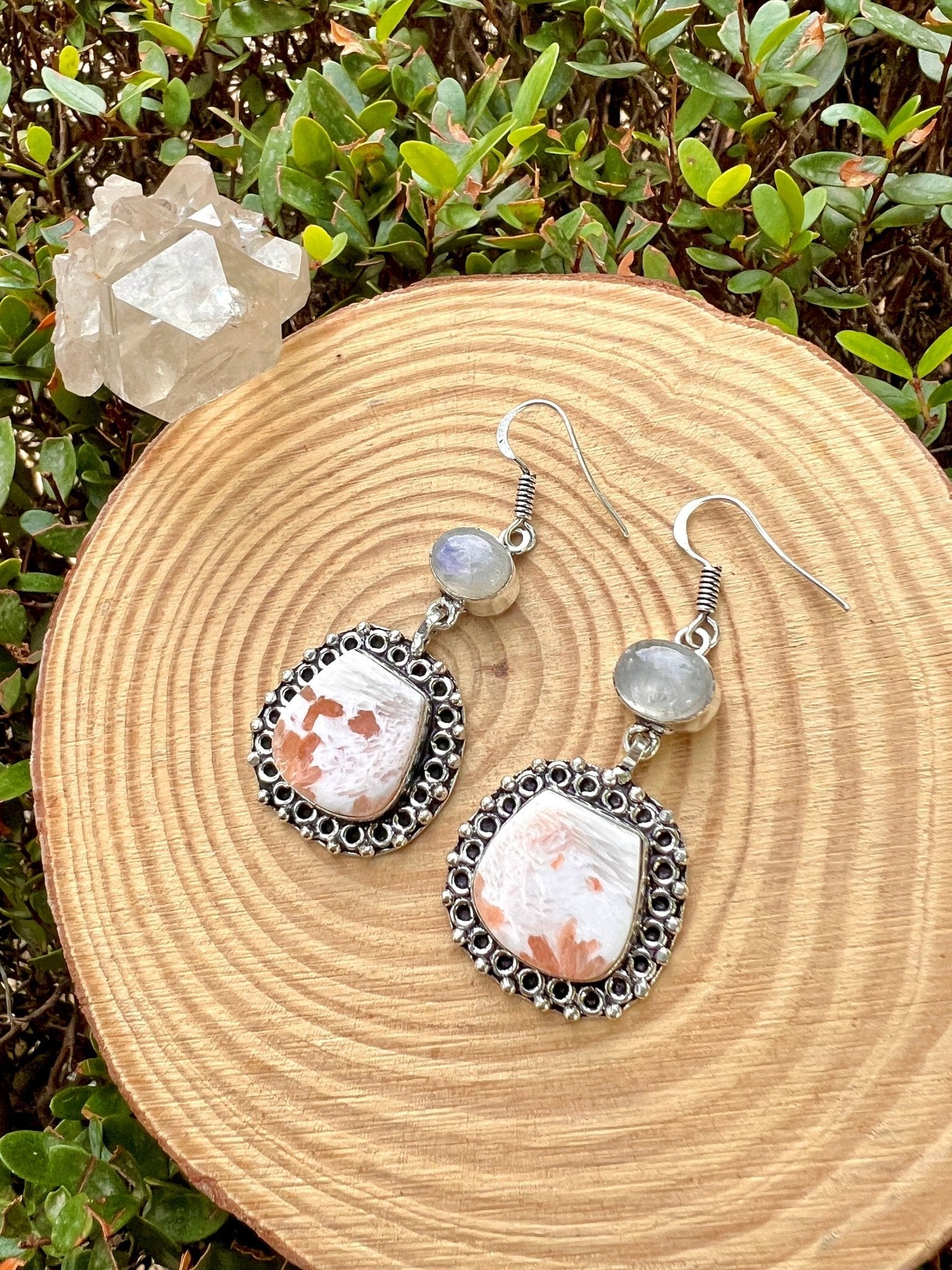 Scolecite Moonstone Dangle Earrings, Recycled Sterling Silver - LunarGem - 