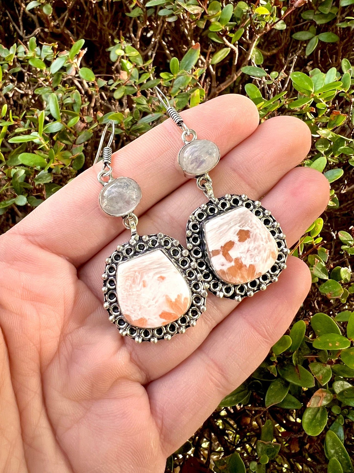 Scolecite Moonstone Dangle Earrings, Recycled Sterling Silver - LunarGem - 