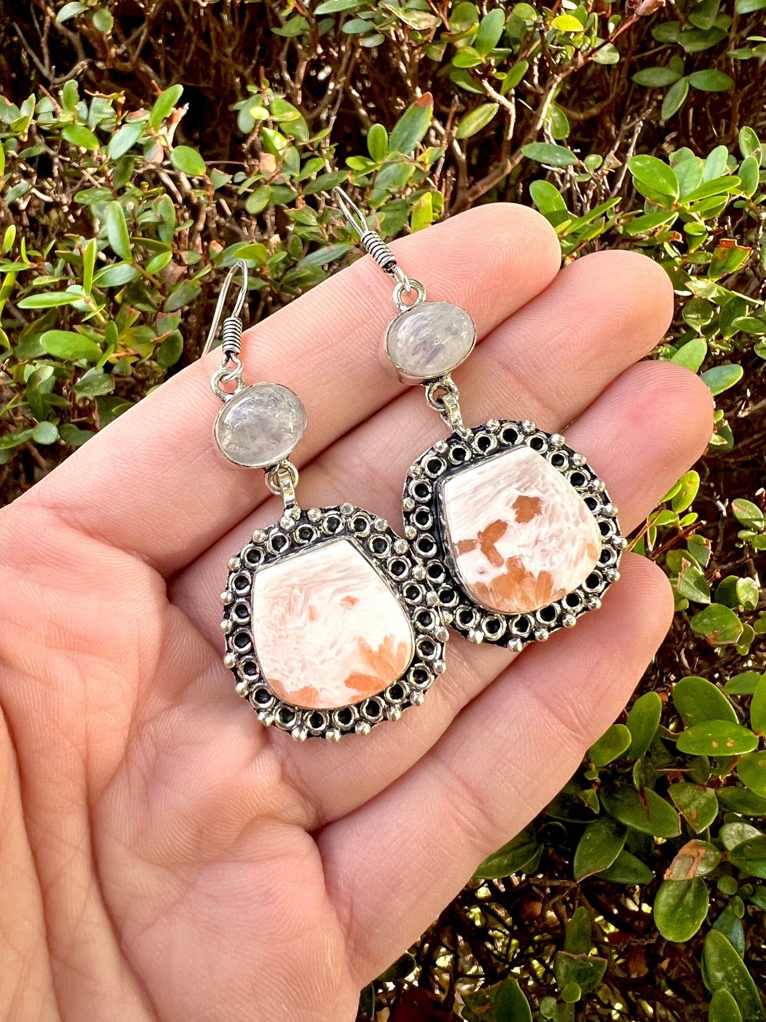 Scolecite Moonstone Dangle Earrings, Recycled Sterling Silver - LunarGem - 