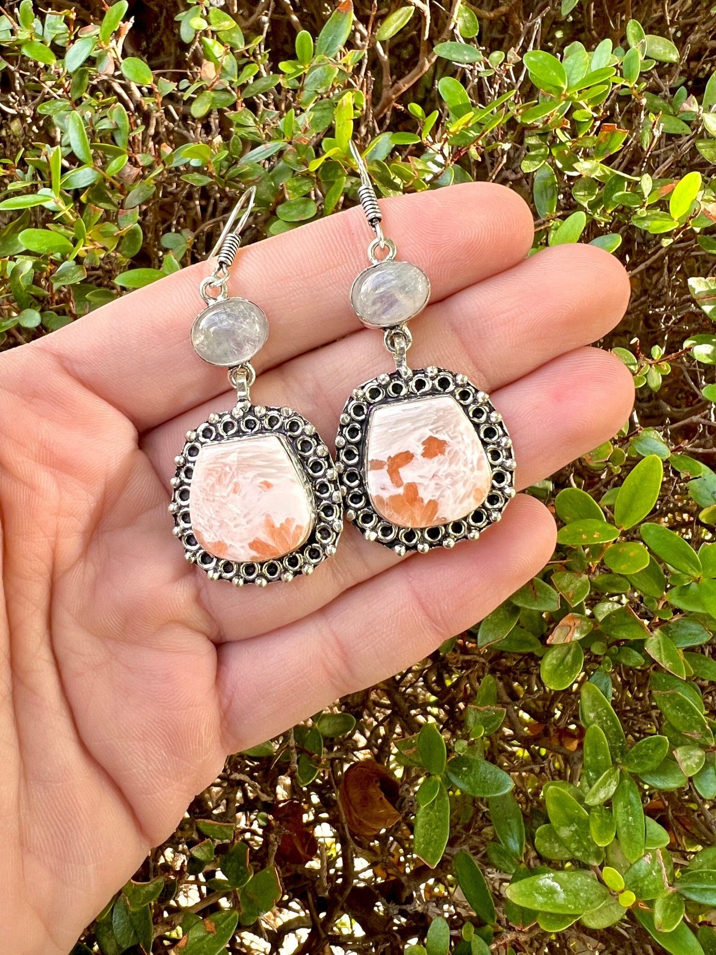 Scolecite Moonstone Dangle Earrings, Recycled Sterling Silver - LunarGem - 