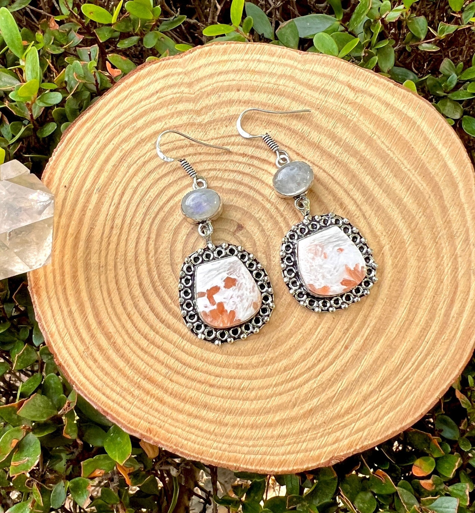 Scolecite Moonstone Dangle Earrings, Recycled Sterling Silver - LunarGem - 