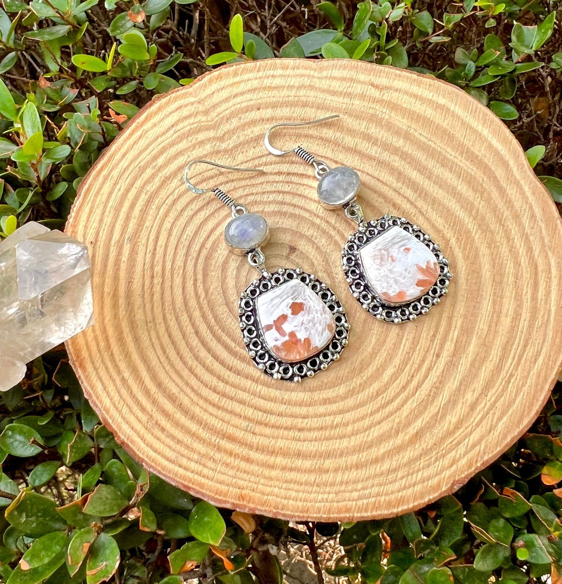Scolecite Moonstone Dangle Earrings, Recycled Sterling Silver - LunarGem - 