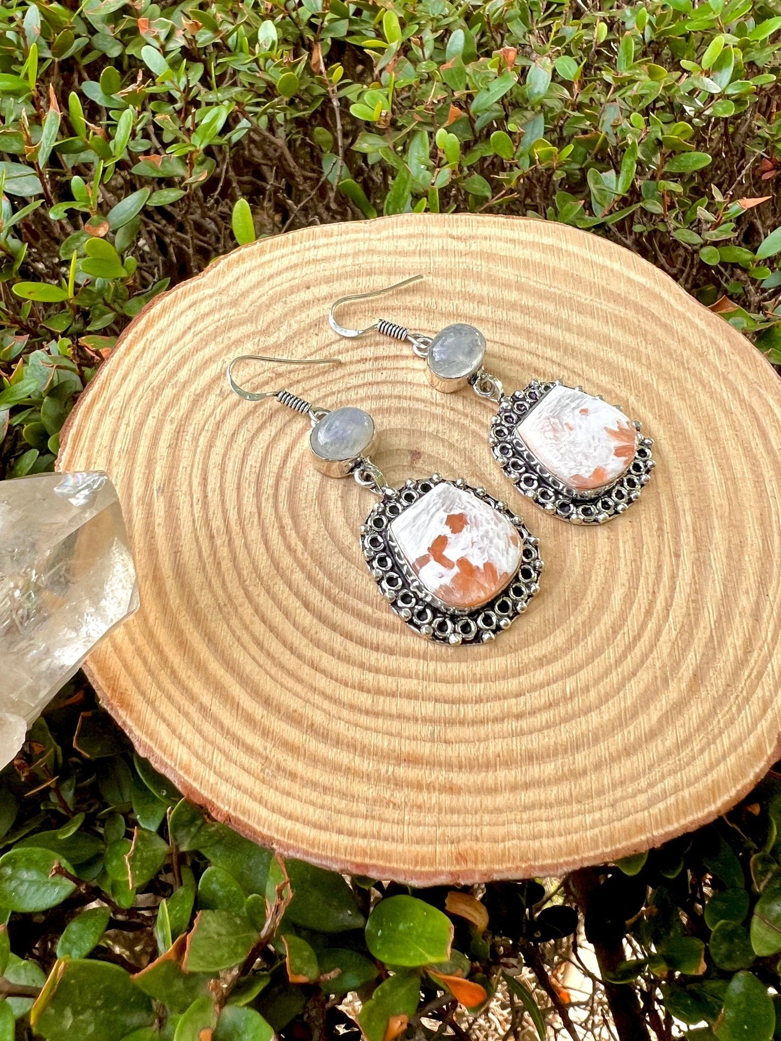Scolecite Moonstone Dangle Earrings, Recycled Sterling Silver - LunarGem - 