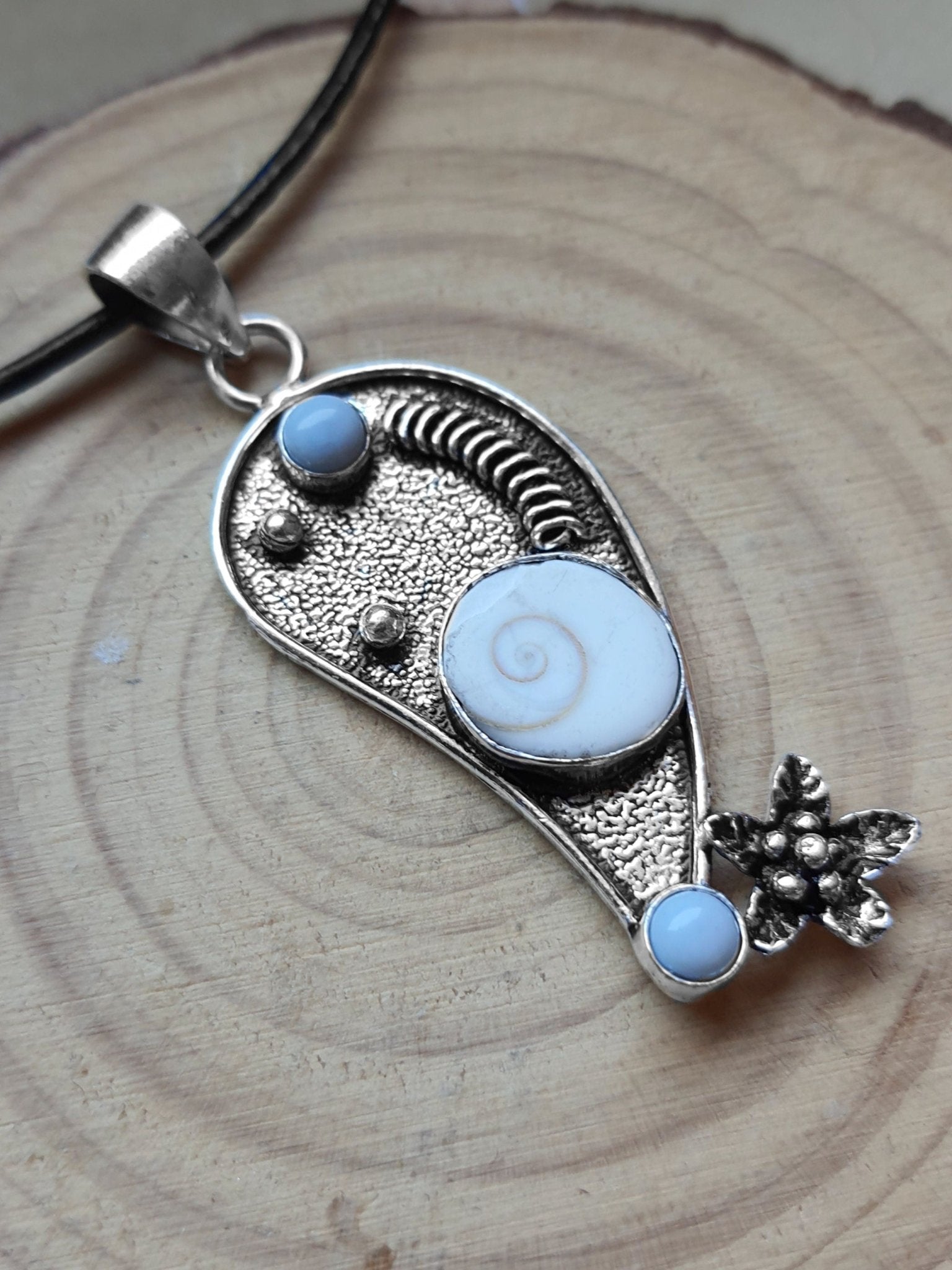 Shiva Eye & Owyhee Opal Sterling Silver Pendant, Unique Crystal Necklace - LunarGem - 